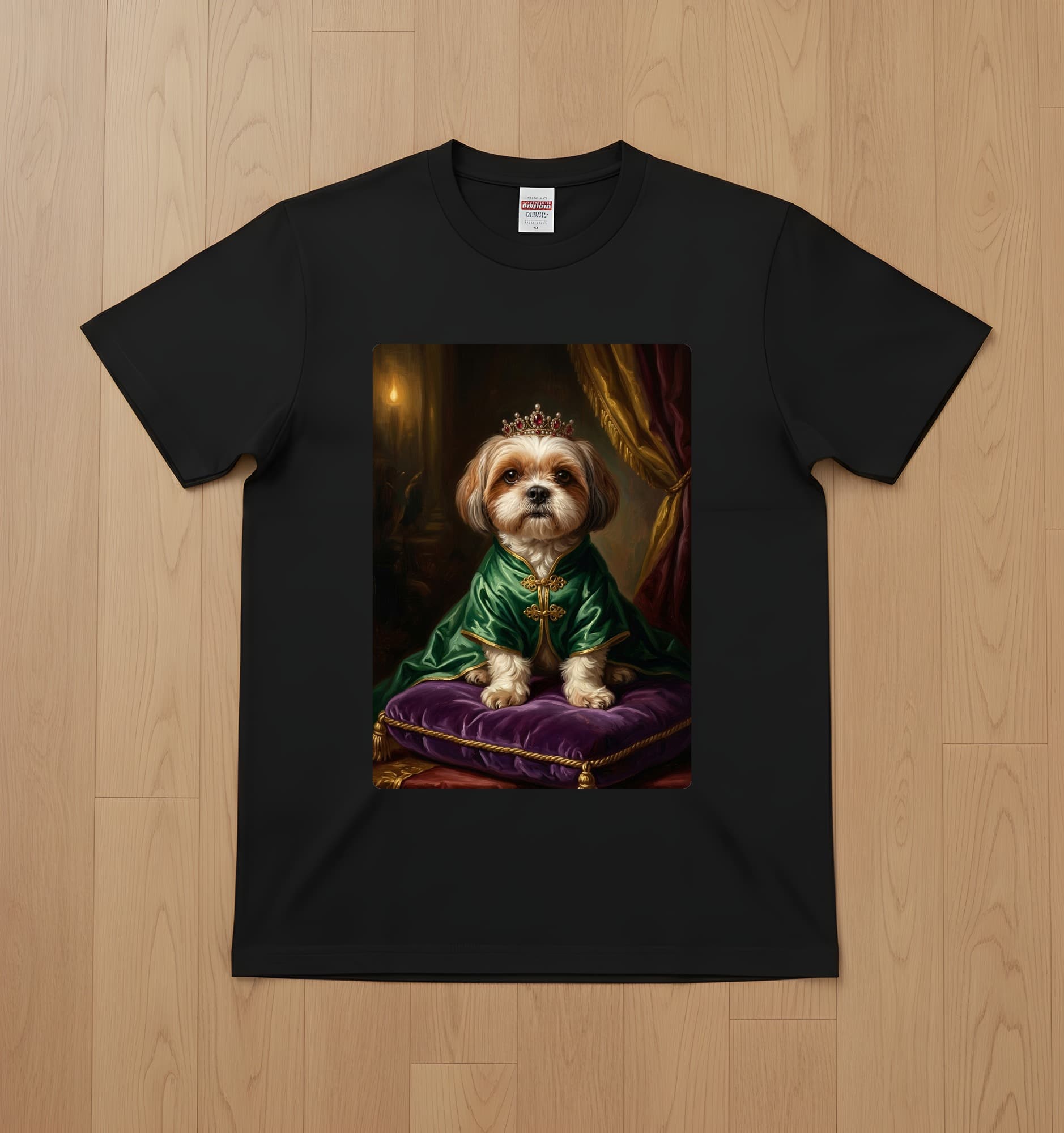 シーズーのルネサンス肖像画Tシャツ(ブラック・カラープリント・額縁なし)