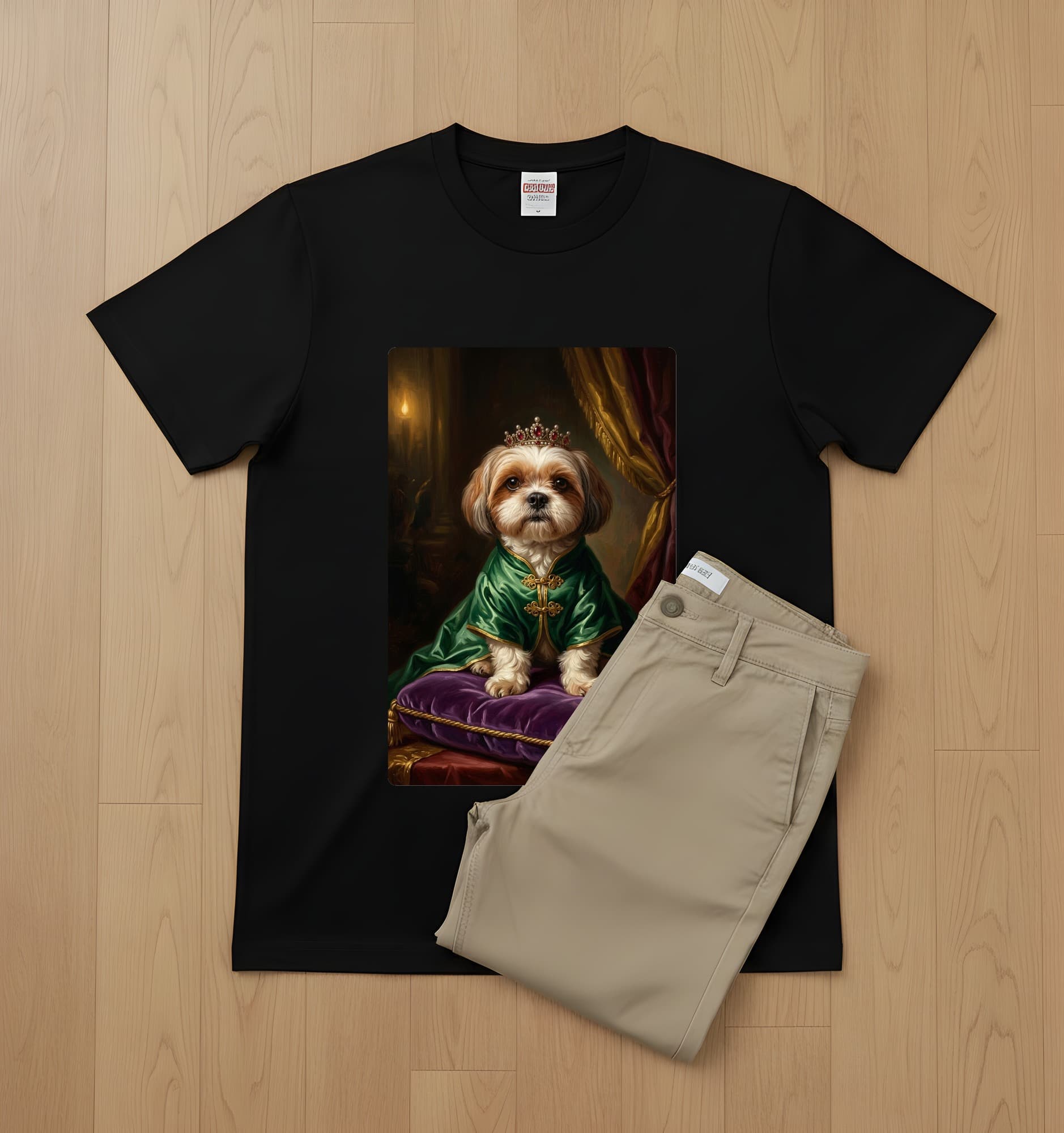 シーズーのルネサンス肖像画Tシャツ(ブラック・カラープリント・額縁なし) 2