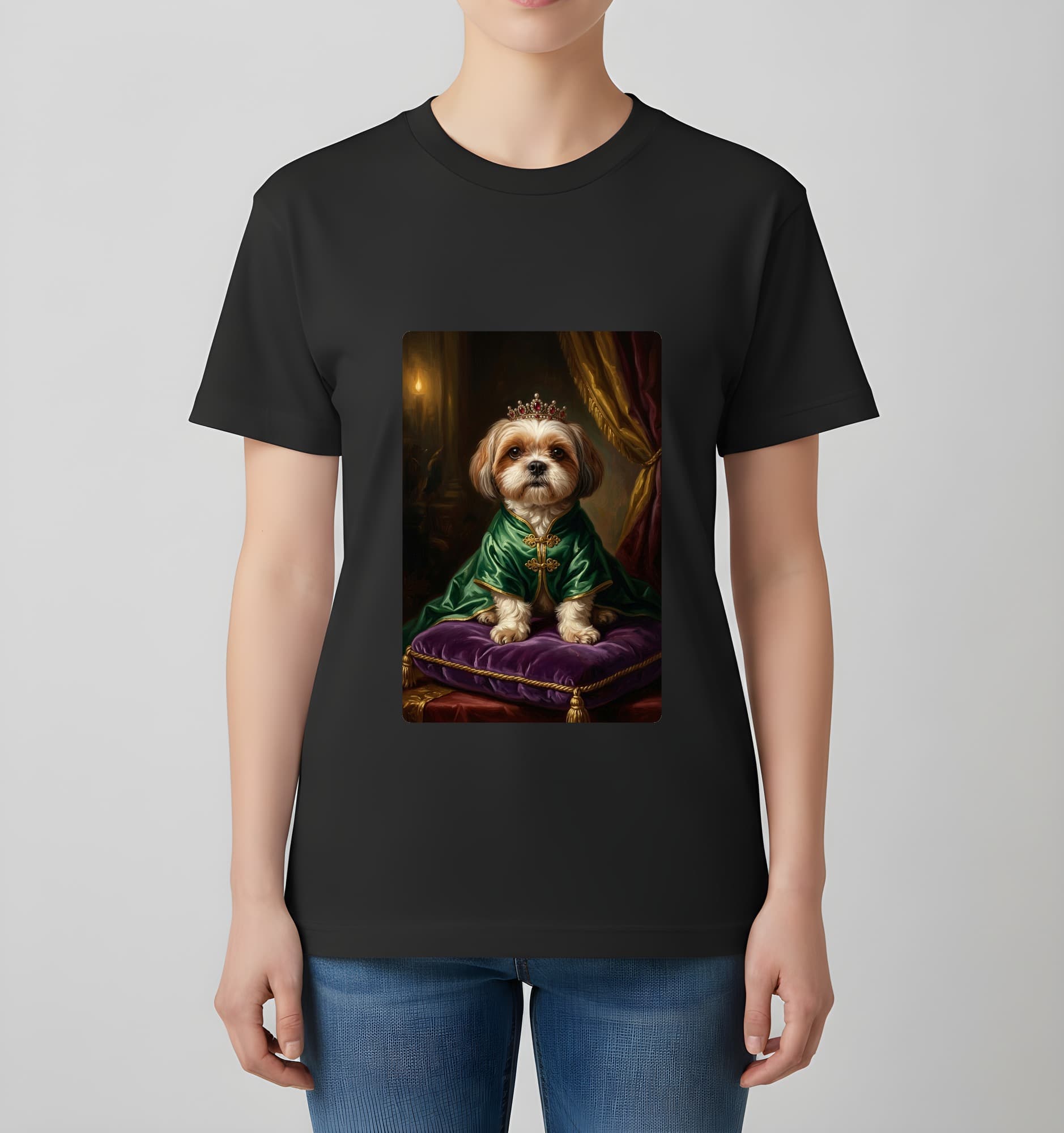 シーズーのルネサンス肖像画Tシャツ(ブラック・カラープリント・額縁なし) 4