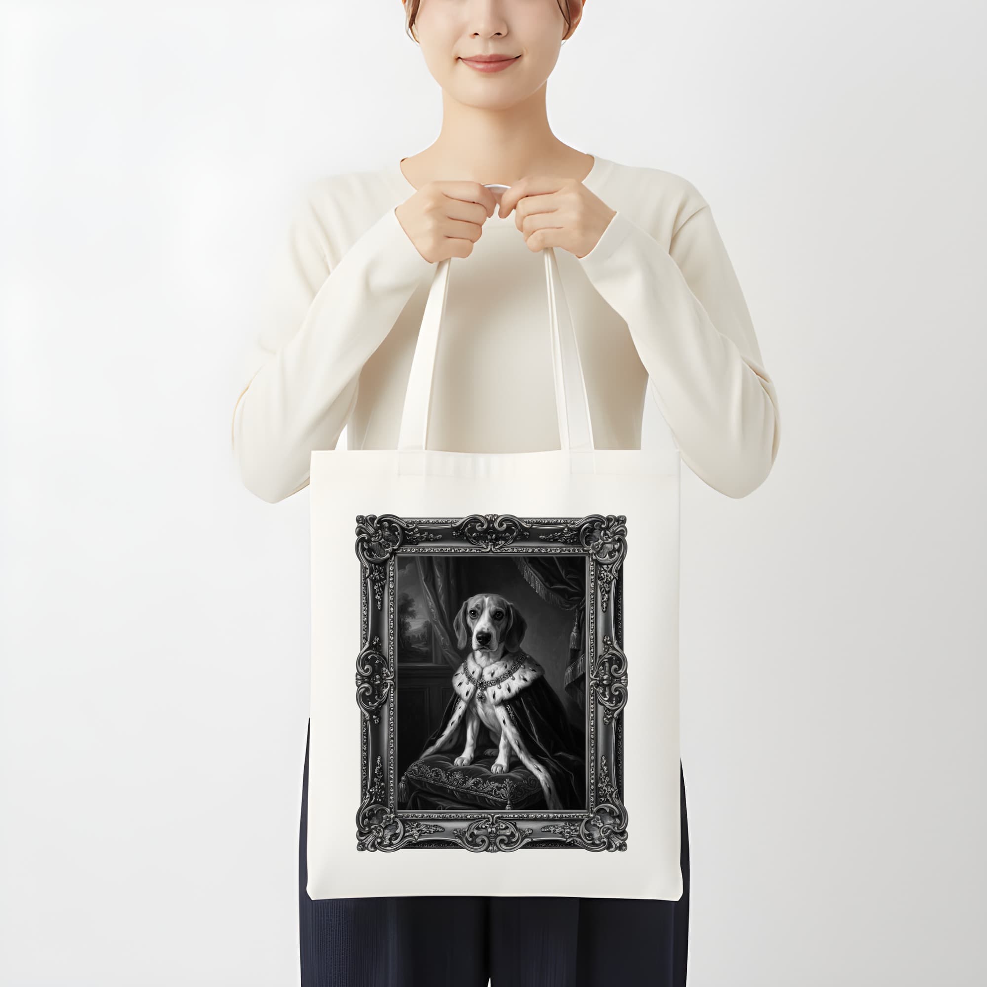 ビーグルのルネサンス肖像画トートバッグ(モノクロプリント・額縁デザインあり) 3