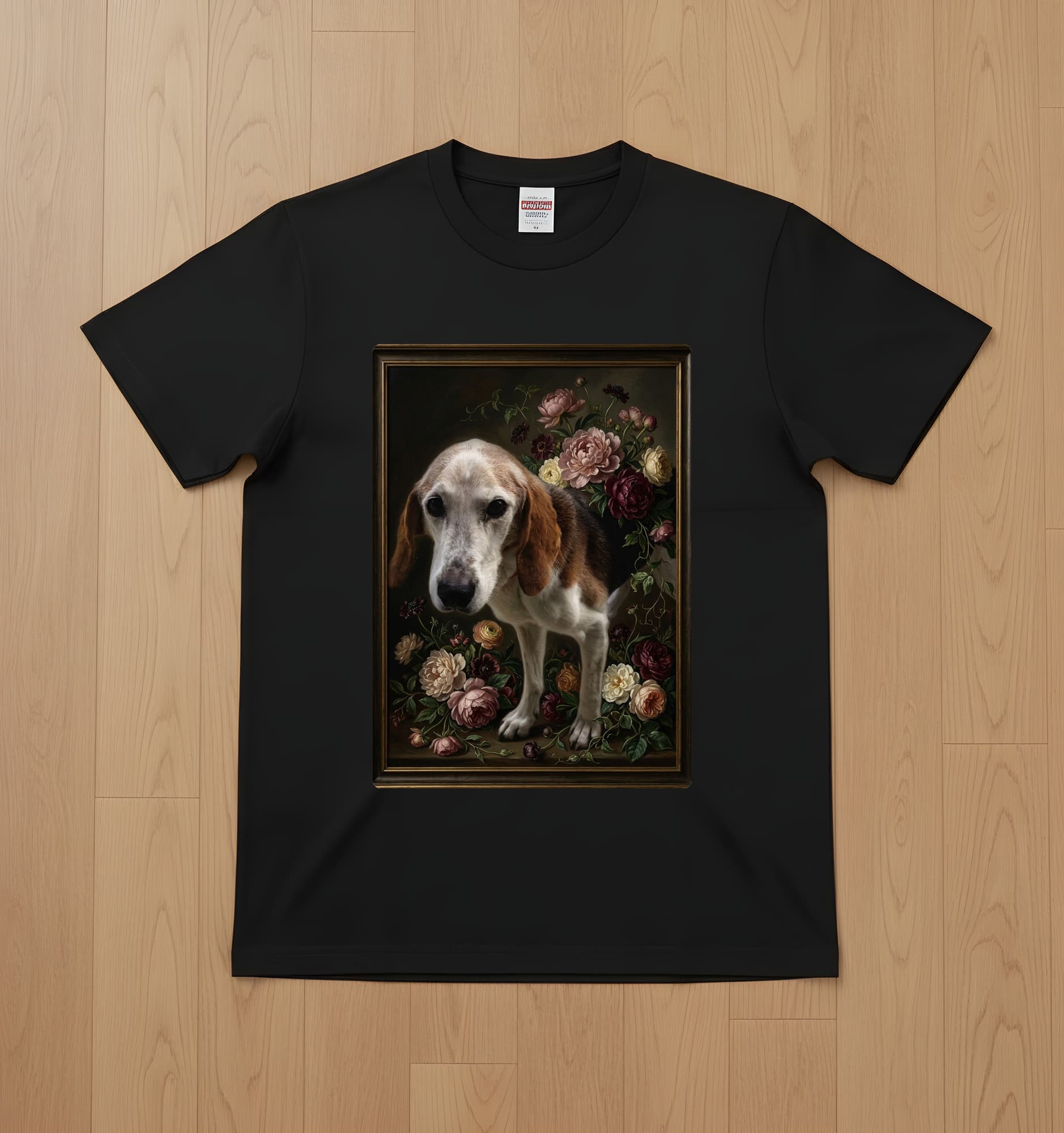 ビーグルの花の油絵風アート花柄Tシャツ(ブラック)