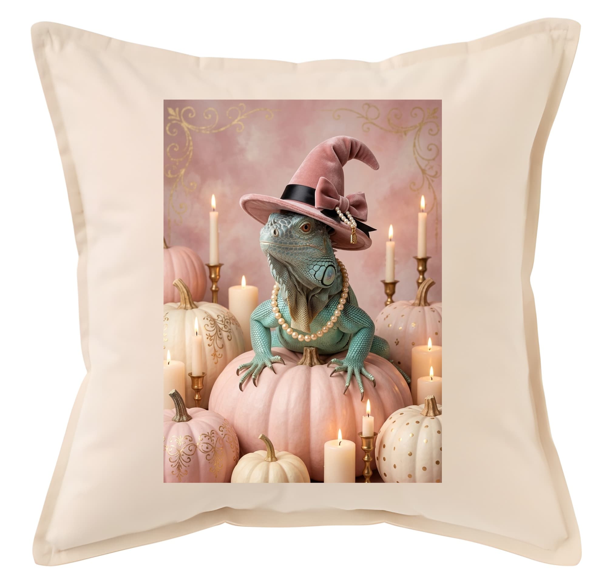 Blue Iguana Pumpkin & Candlelight Oil-Painting Halloween Cushion
