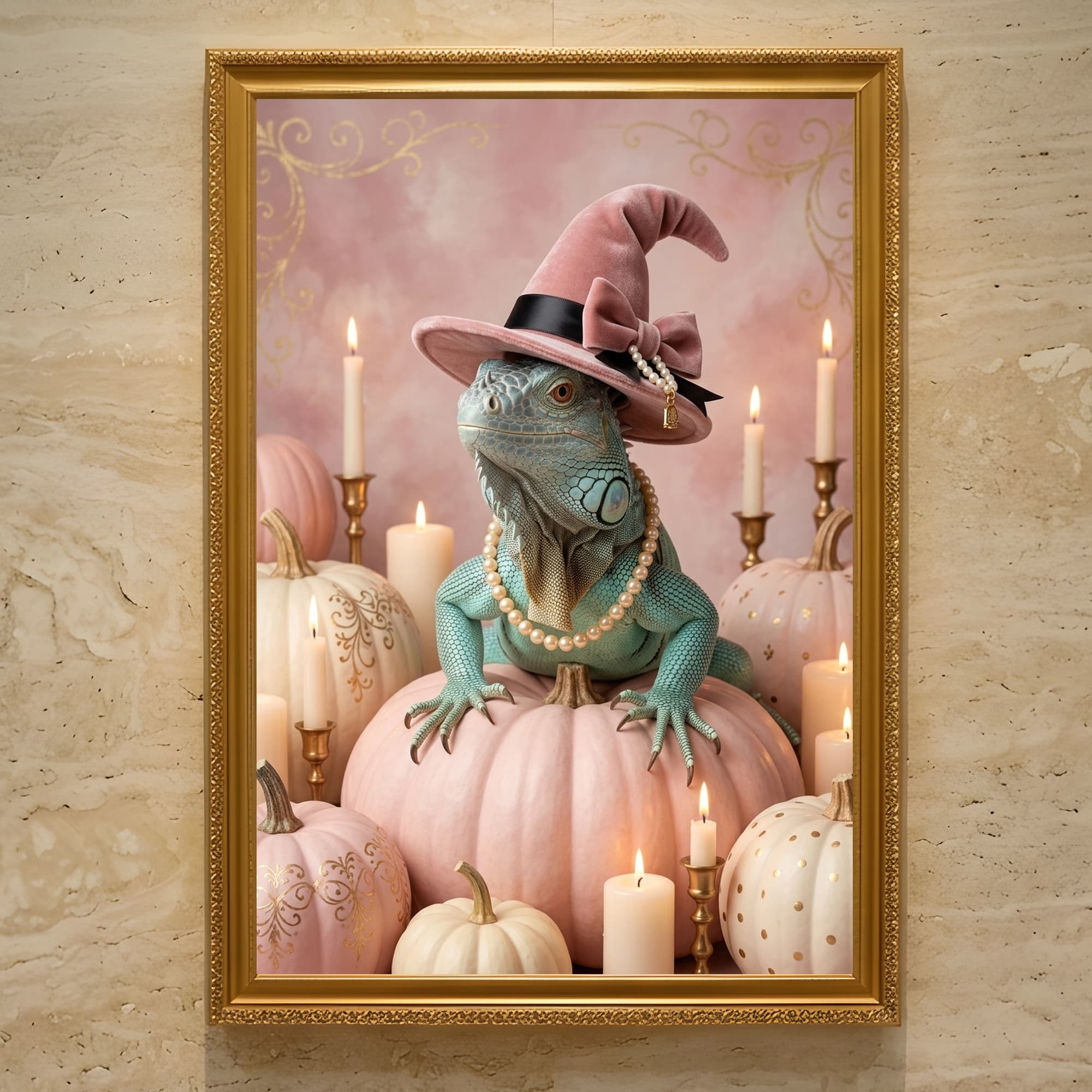 Blue Iguana Pumpkin & Candlelight Oil-Painting Halloween Framed Art Print (A3)