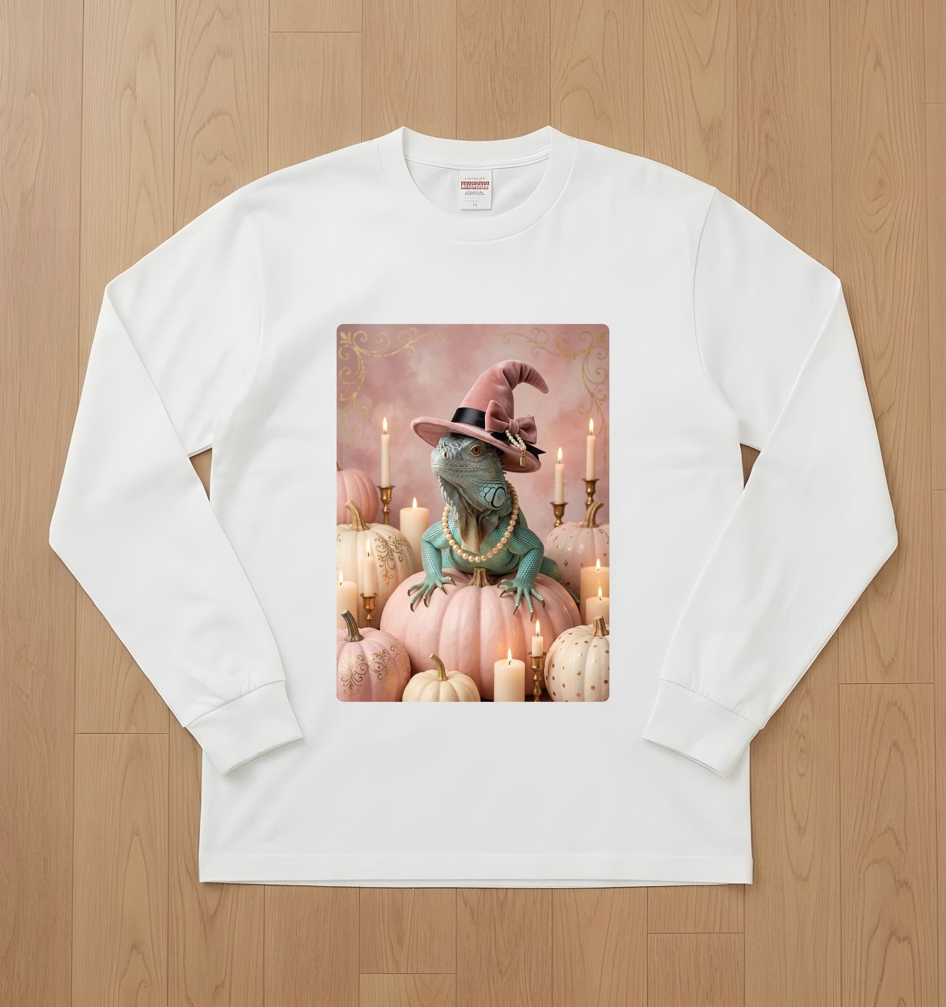 Blue Iguana Pumpkin & Candlelight Oil-Painting Halloween Long Sleeve T-Shirt (White)