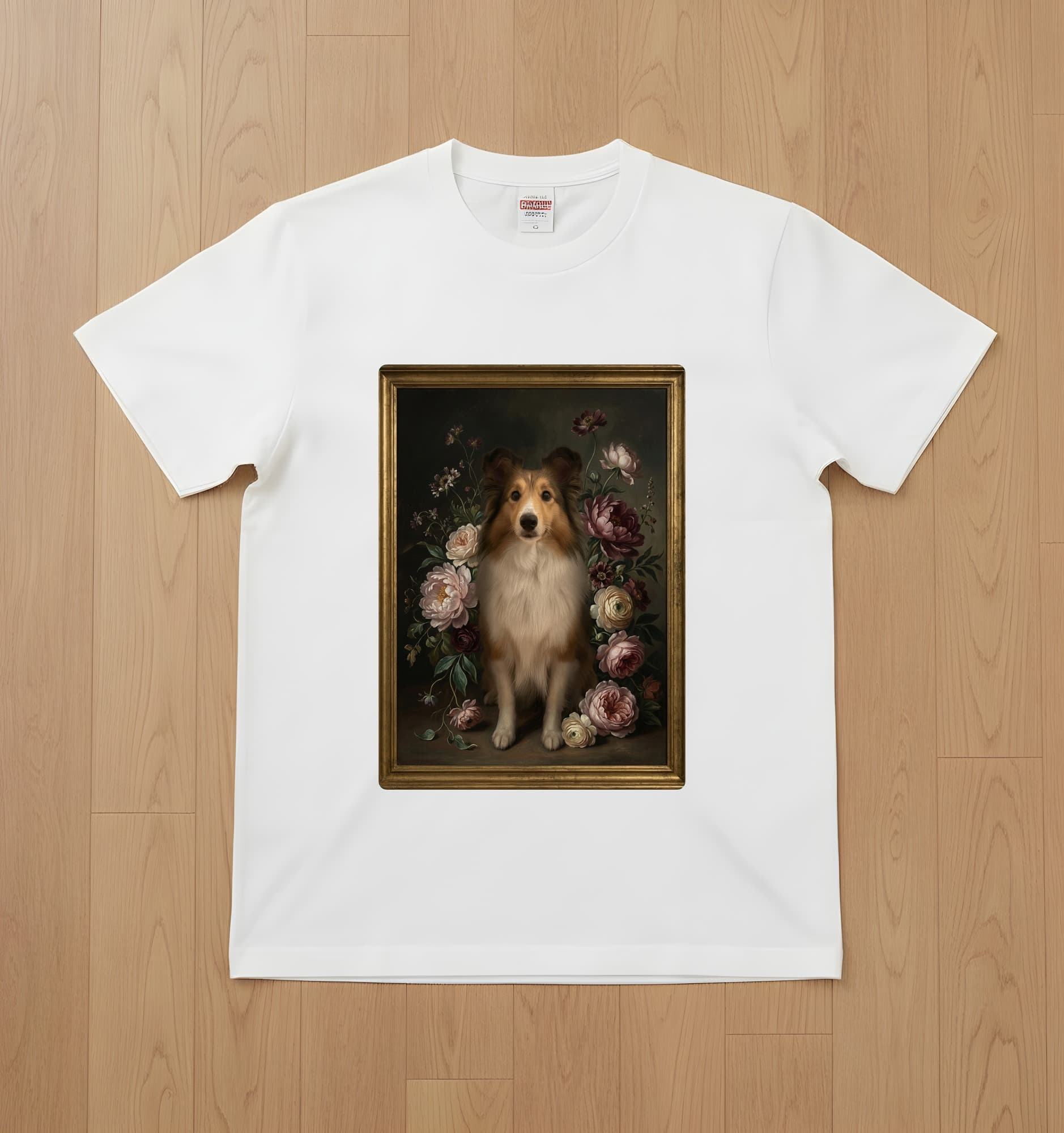 シェットランドシープドッグの花の油絵風アート花柄Tシャツ(ホワイト)
