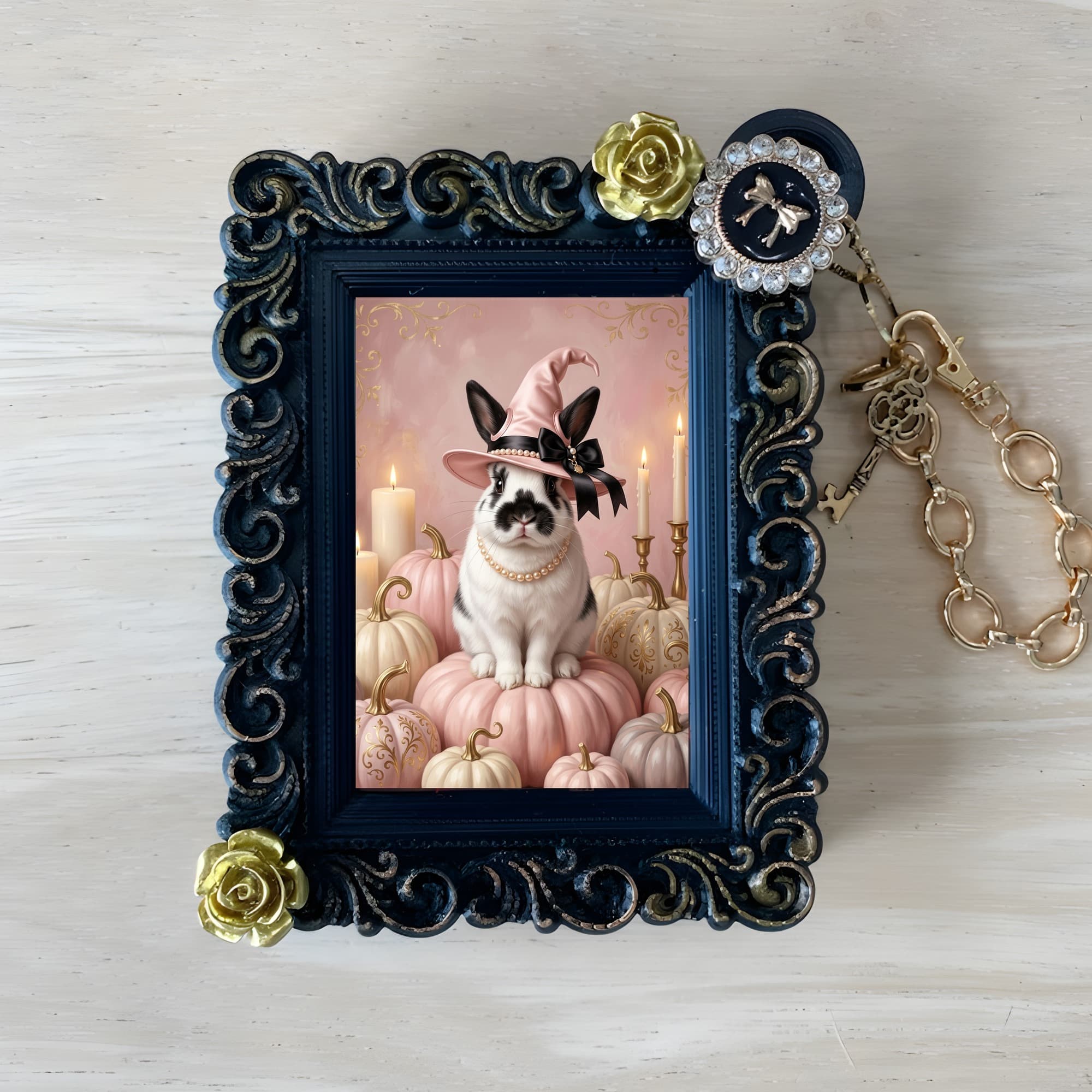 Himalayan rabbit Pumpkin & Candlelight Oil-Painting Halloween Bag Charm (Black)