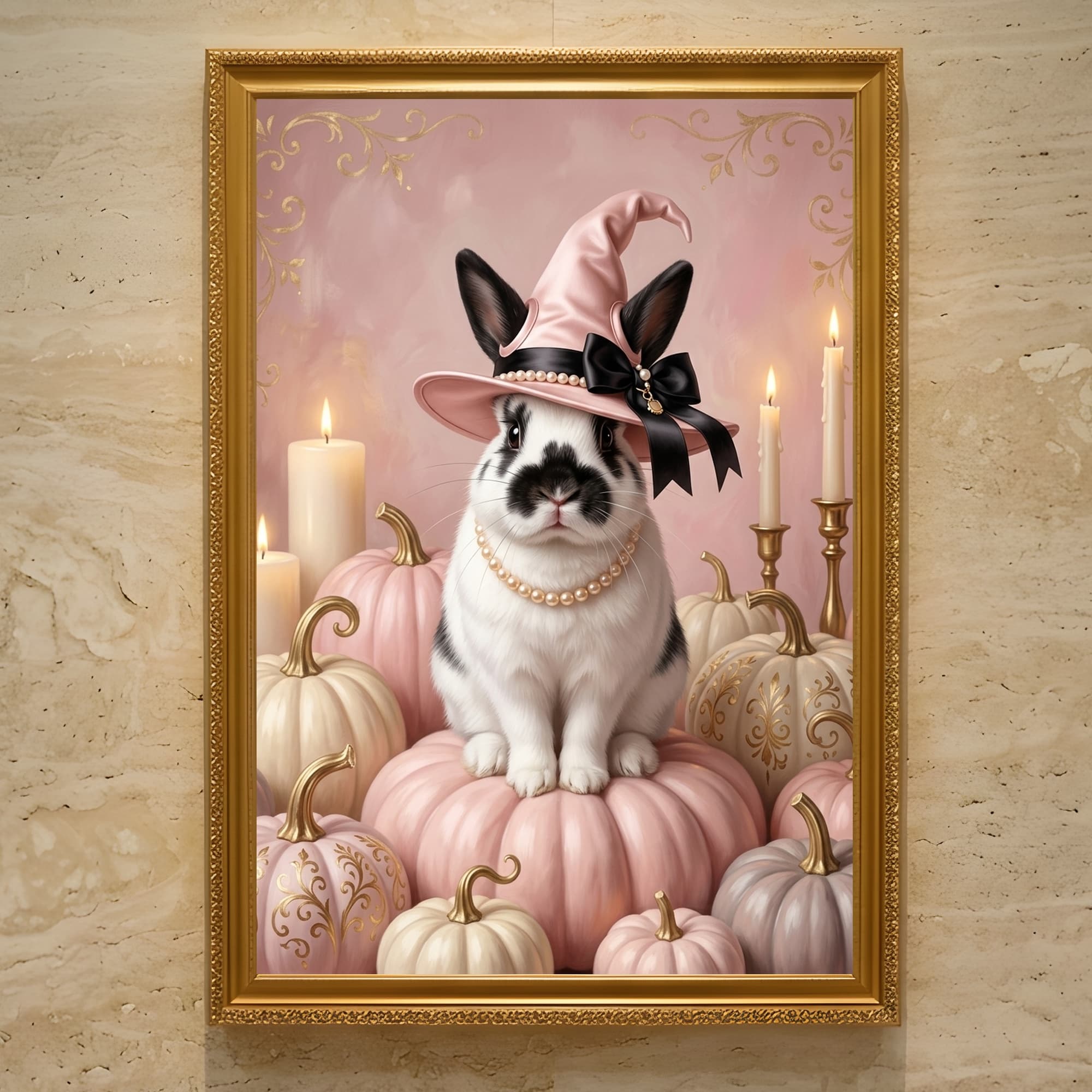 Himalayan rabbit Pumpkin & Candlelight Oil-Painting Halloween Framed Art Print (A3)