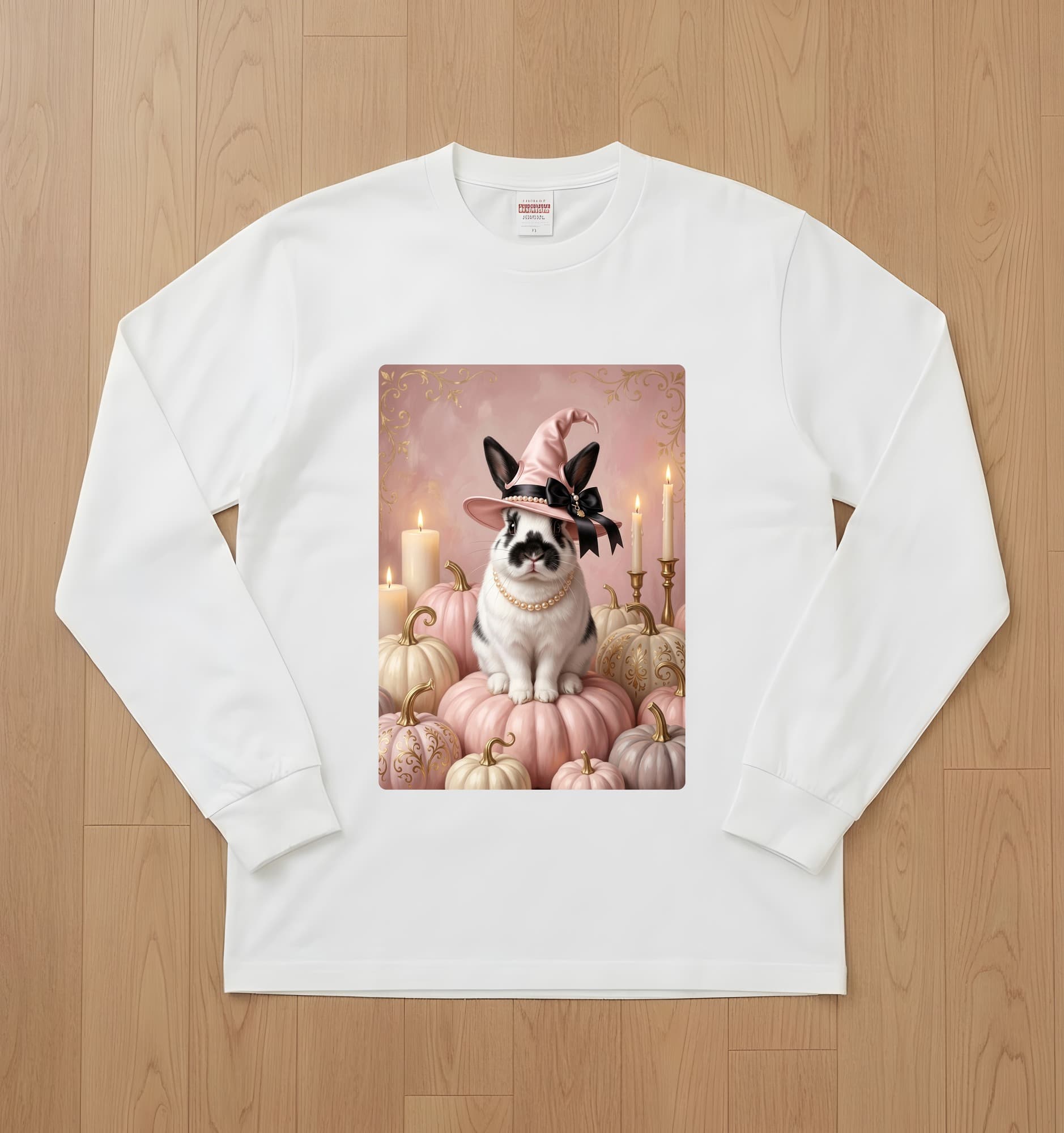 ヒマラヤンのかぼちゃとキャンドルの油絵風アートハロウィン長袖Tシャツ(ホワイト)