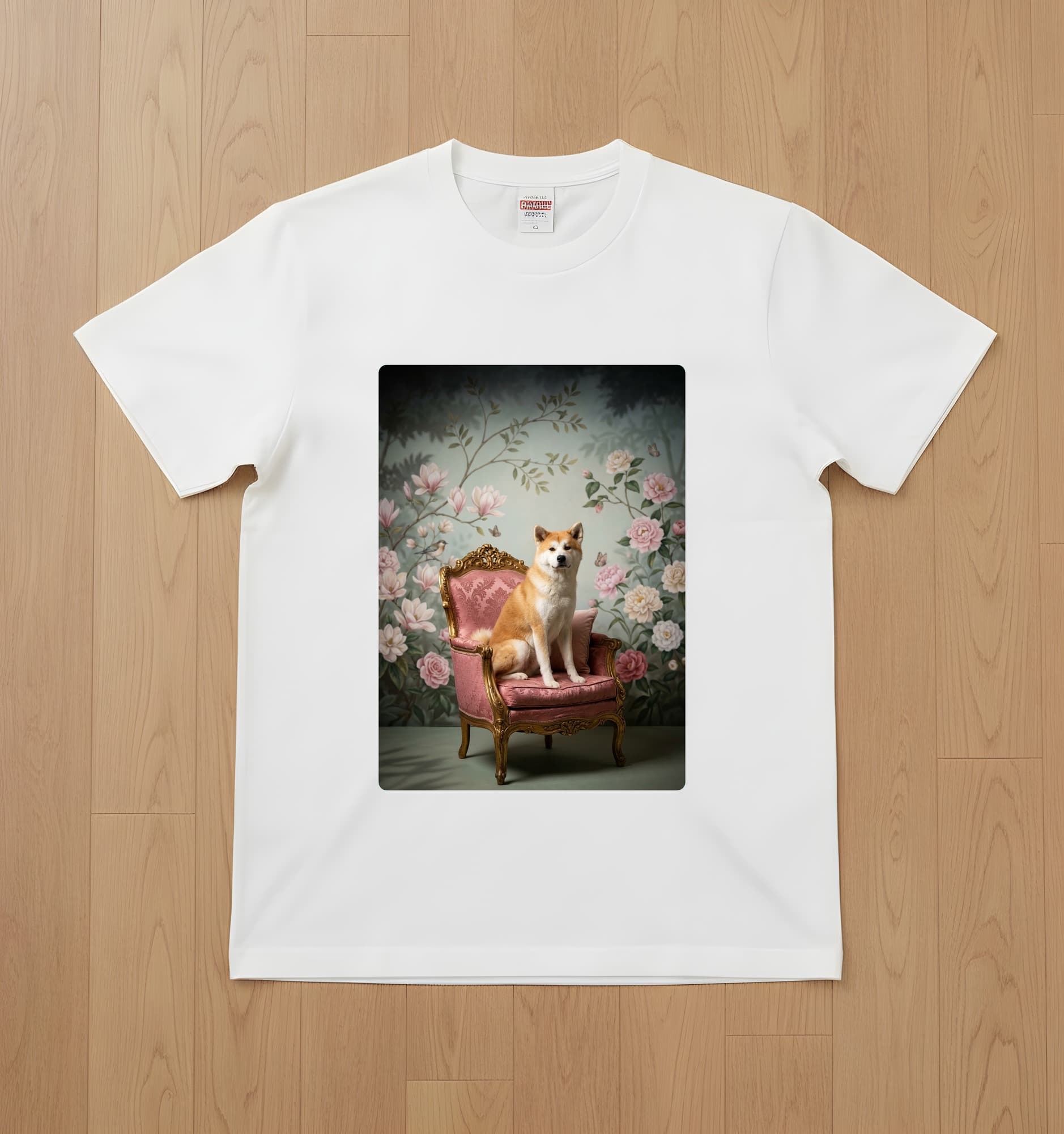 秋田犬のシャビーピンクの油絵風アートロココ調Tシャツ(ホワイト)
