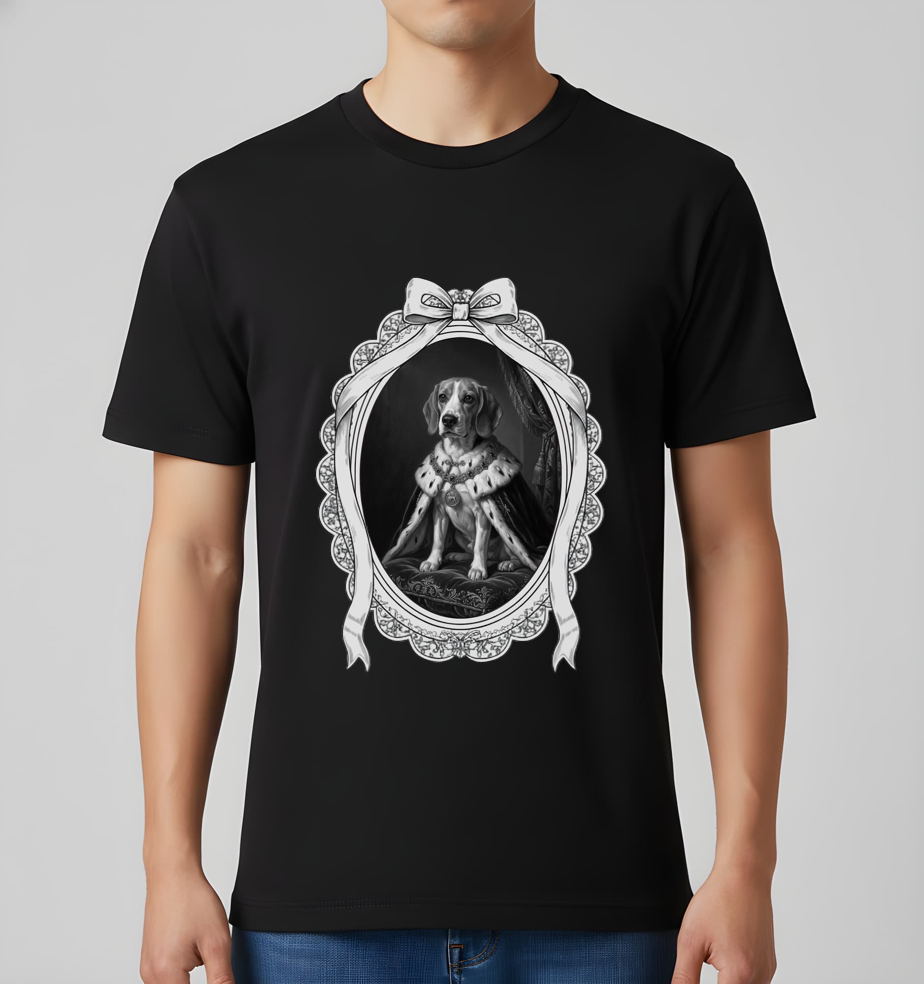 ビーグルのルネサンス肖像画Tシャツ(ブラック・モノクロプリント・額縁デザインあり) 2