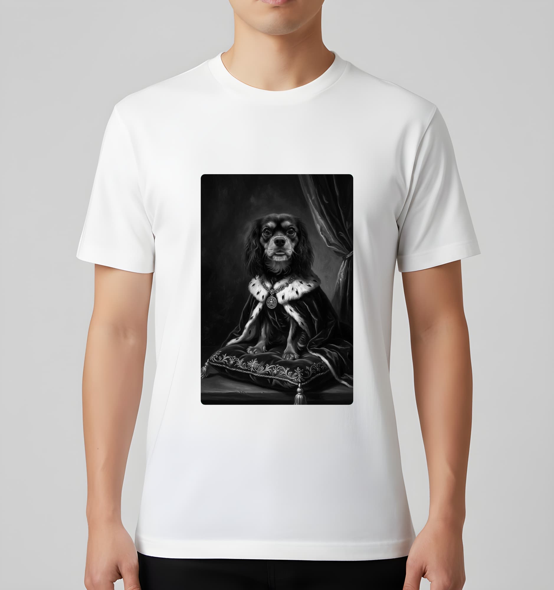 キャバリアのルネサンス肖像画Tシャツ(ホワイト・モノクロプリント・額縁なし) 3