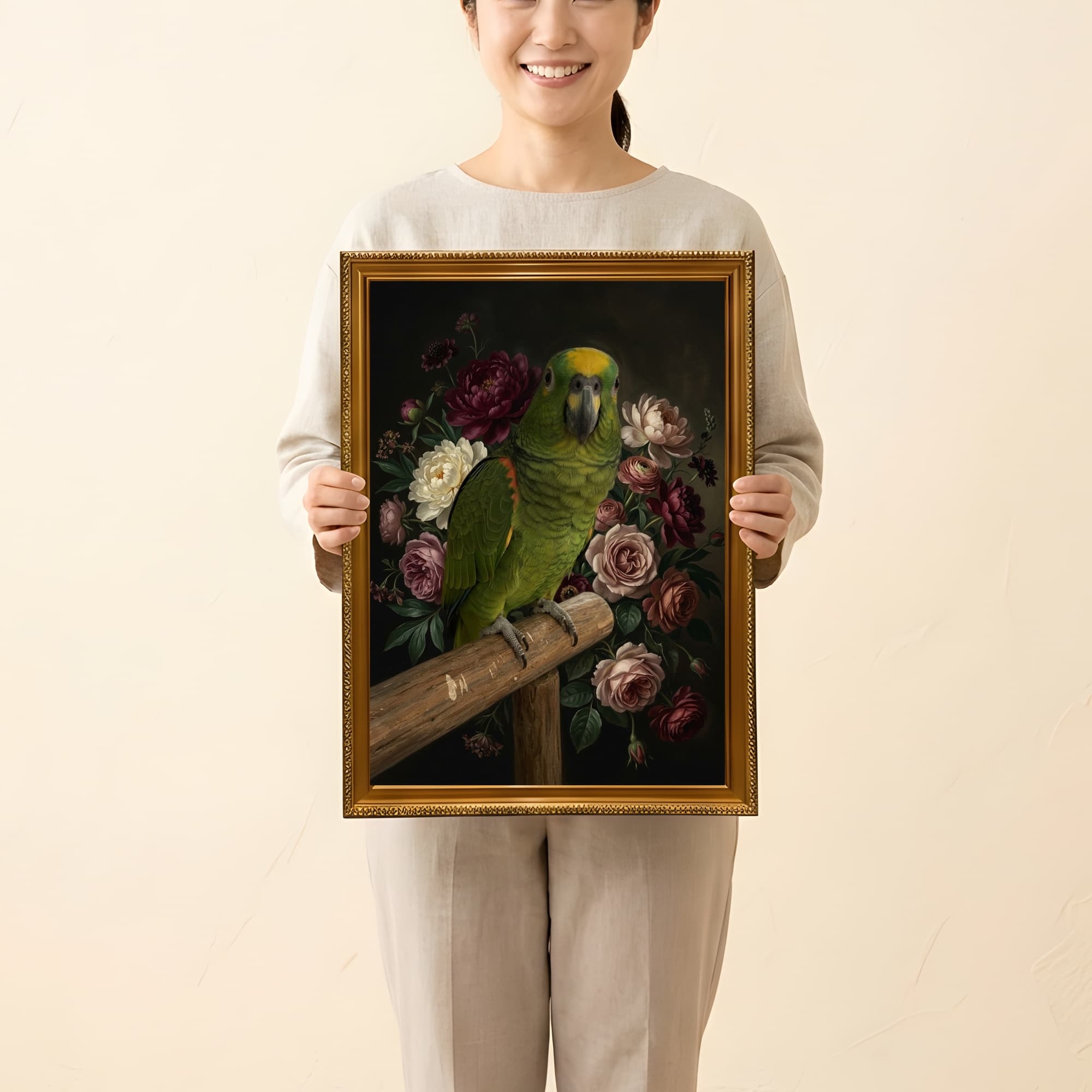 キエリボウシインコの花の油絵風アート花柄額装プリント(A3サイズ) 2