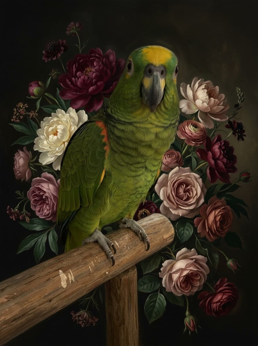 キエリボウシインコの花の油絵風アート花柄額装プリント(A3サイズ) 4