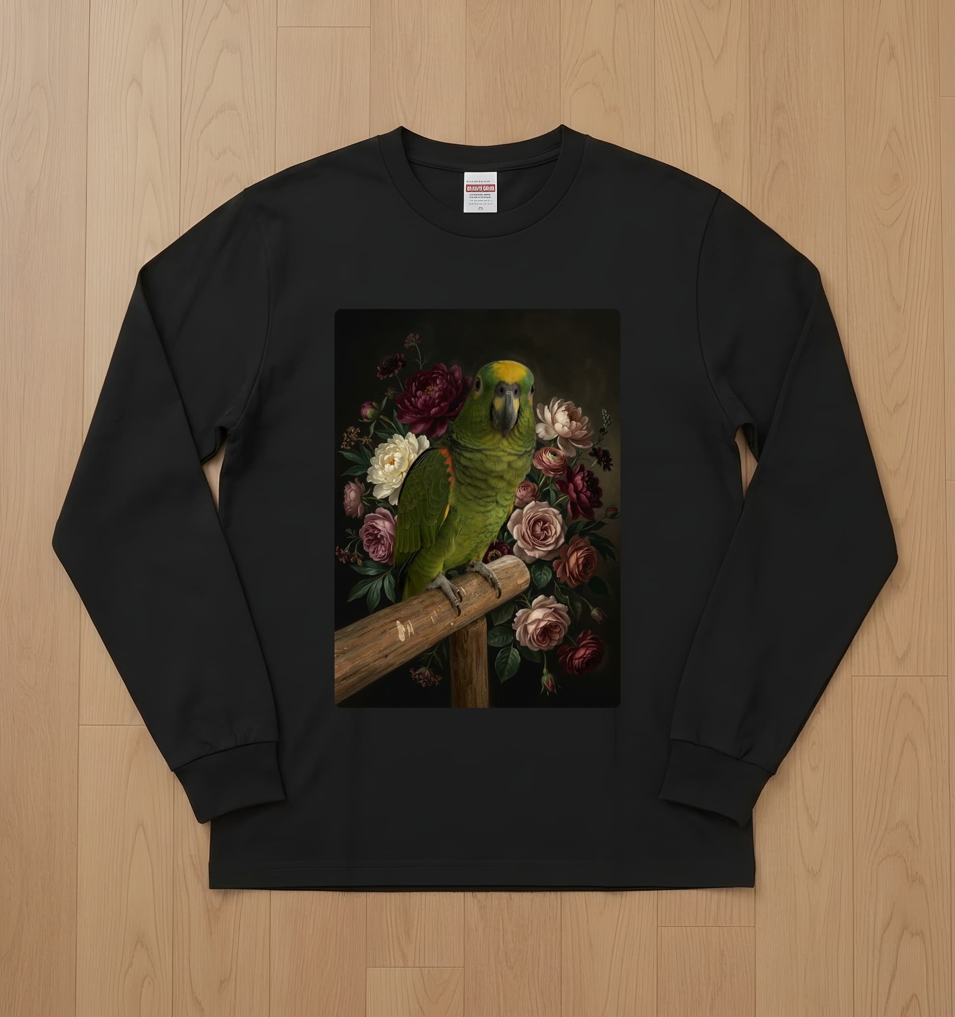 Yellow-naped Amazon Floral Oil-Painting Floral Long Sleeve T-Shirt (Black)