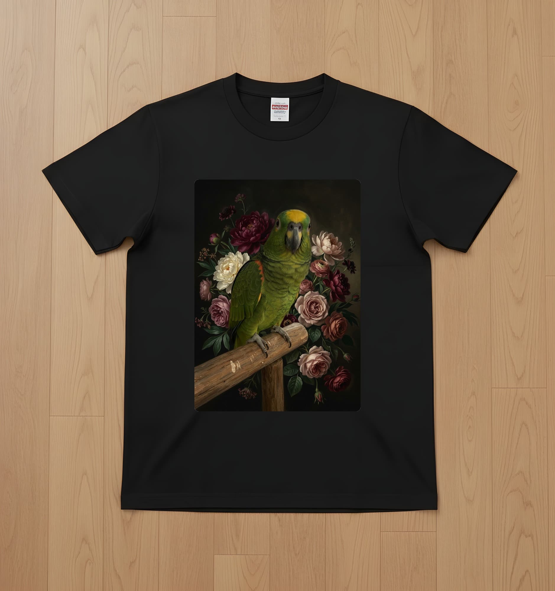 キエリボウシインコの花の油絵風アート花柄Tシャツ(ブラック)