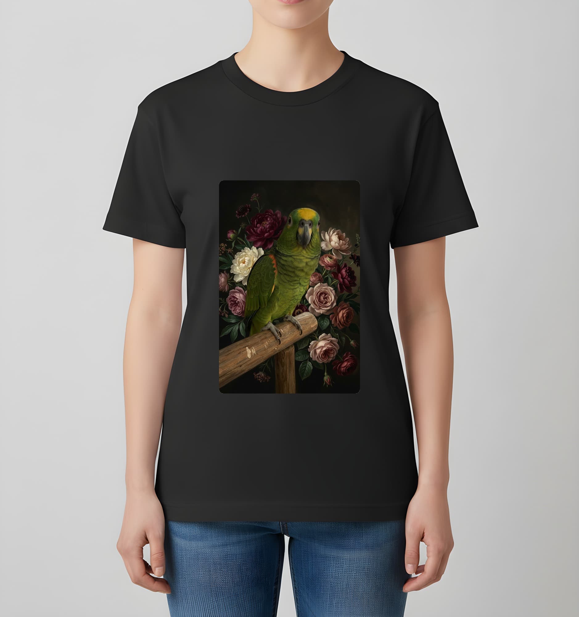 キエリボウシインコの花の油絵風アート花柄Tシャツ(ブラック) 4