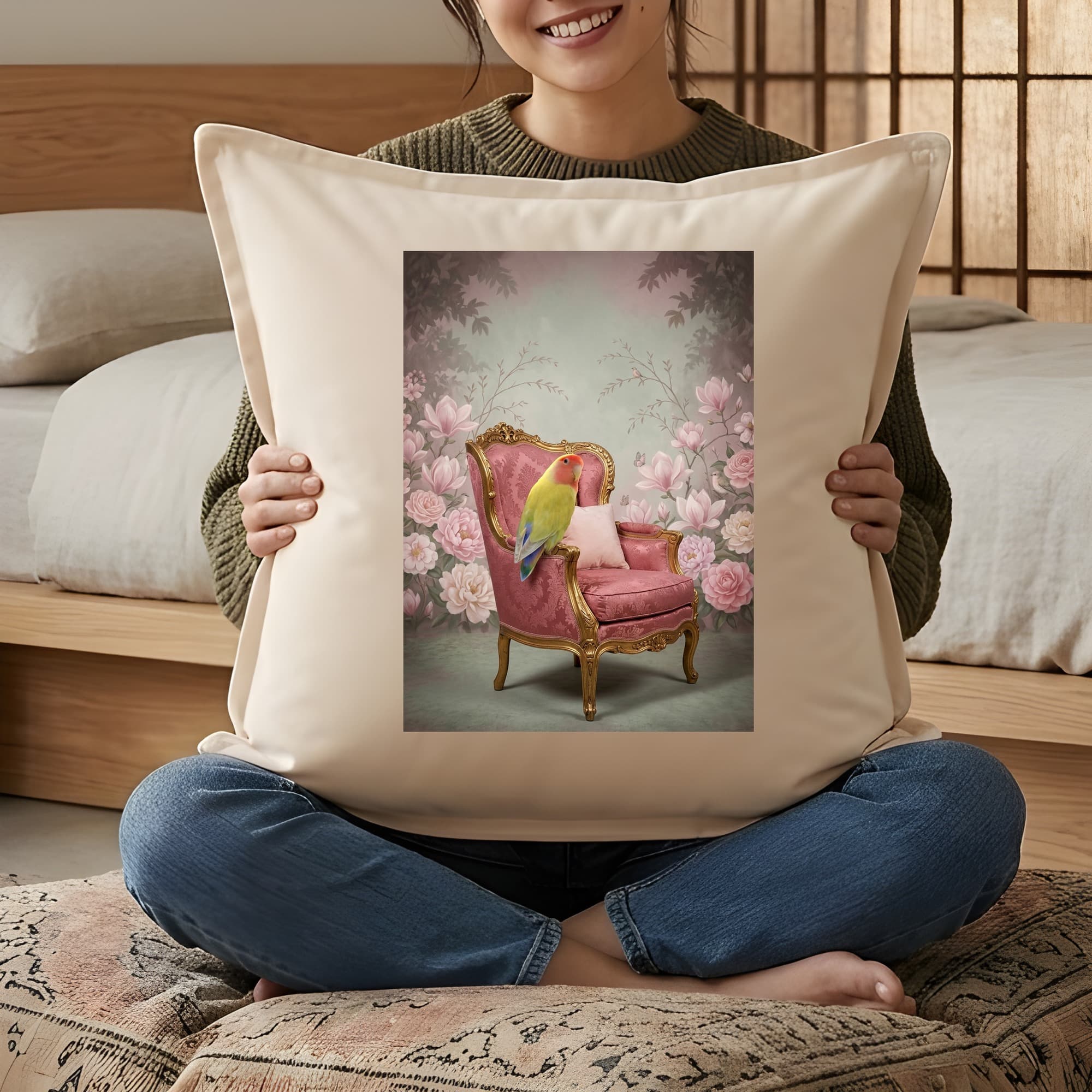 コザクラインコのシャビーピンクの油絵風アートロココ調クッション 3