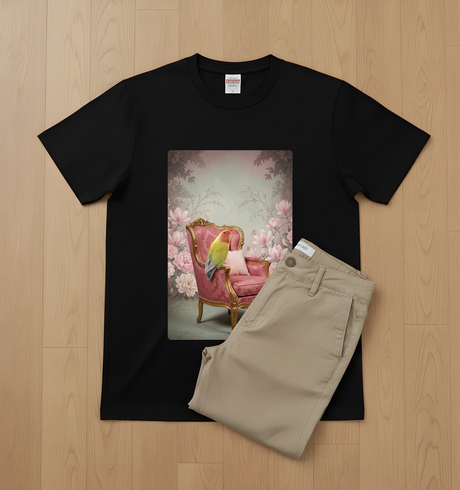 コザクラインコのシャビーピンクの油絵風アートロココ調Tシャツ(ブラック) 2