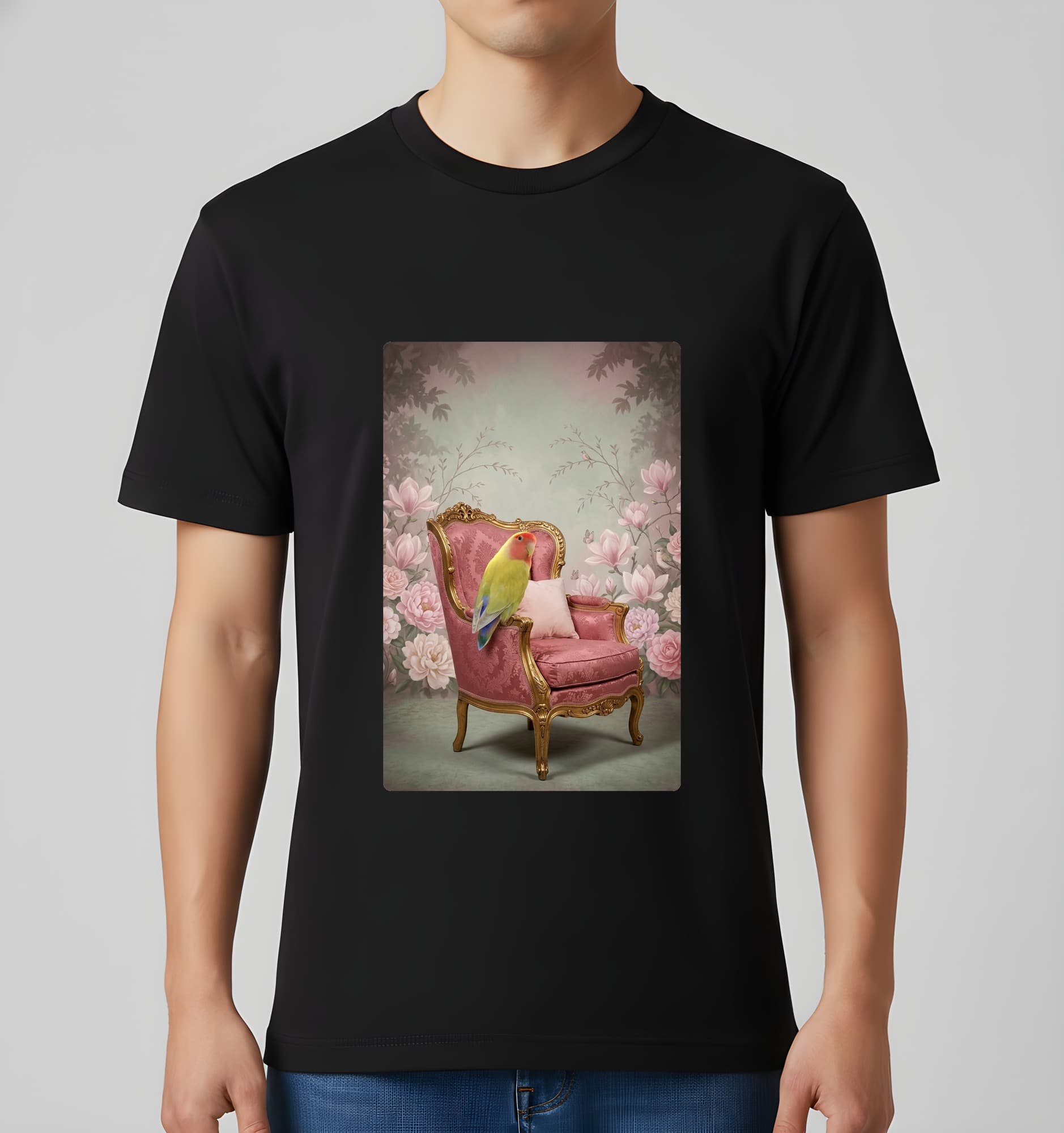 コザクラインコのシャビーピンクの油絵風アートロココ調Tシャツ(ブラック) 3