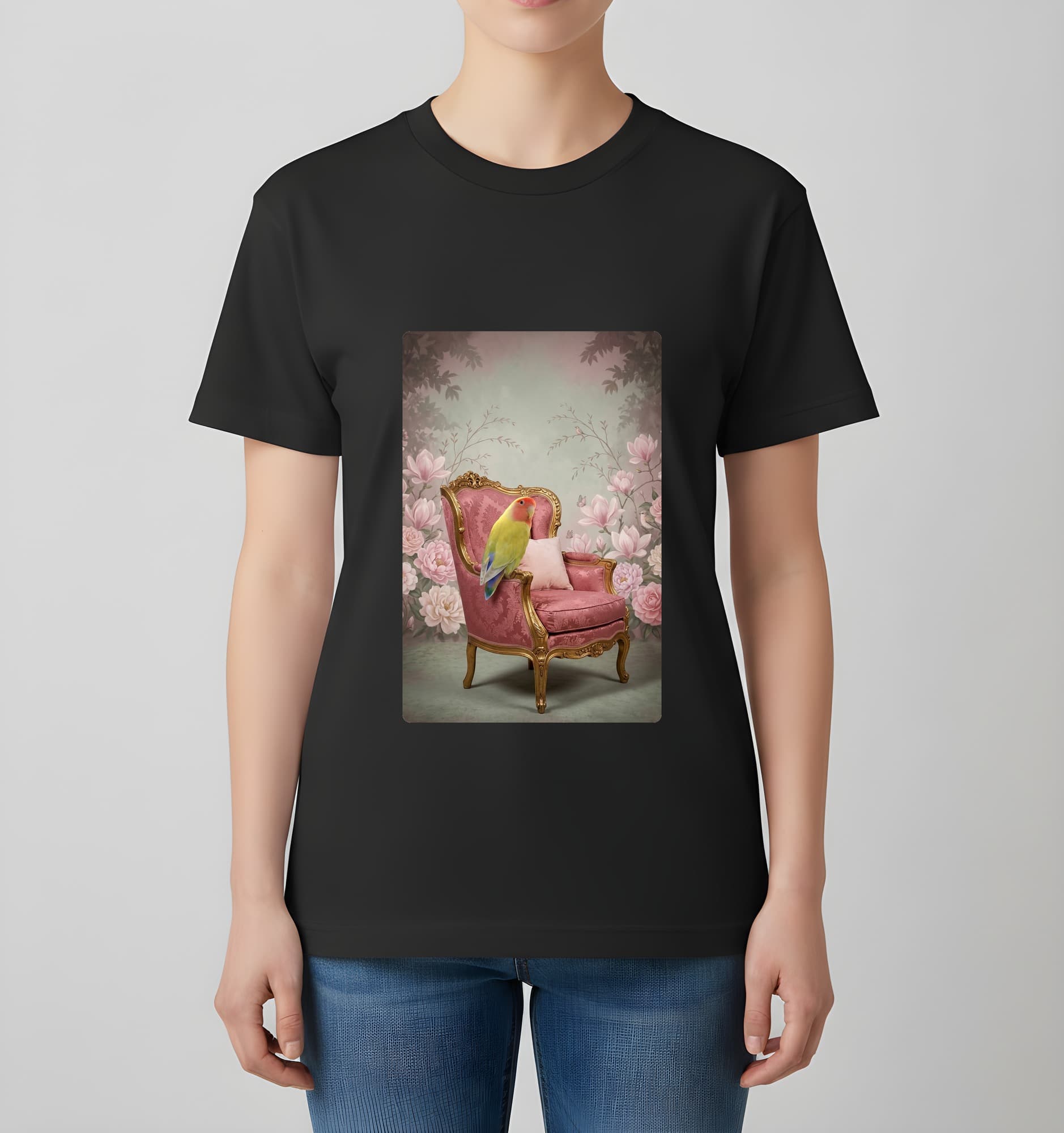 コザクラインコのシャビーピンクの油絵風アートロココ調Tシャツ(ブラック) 4