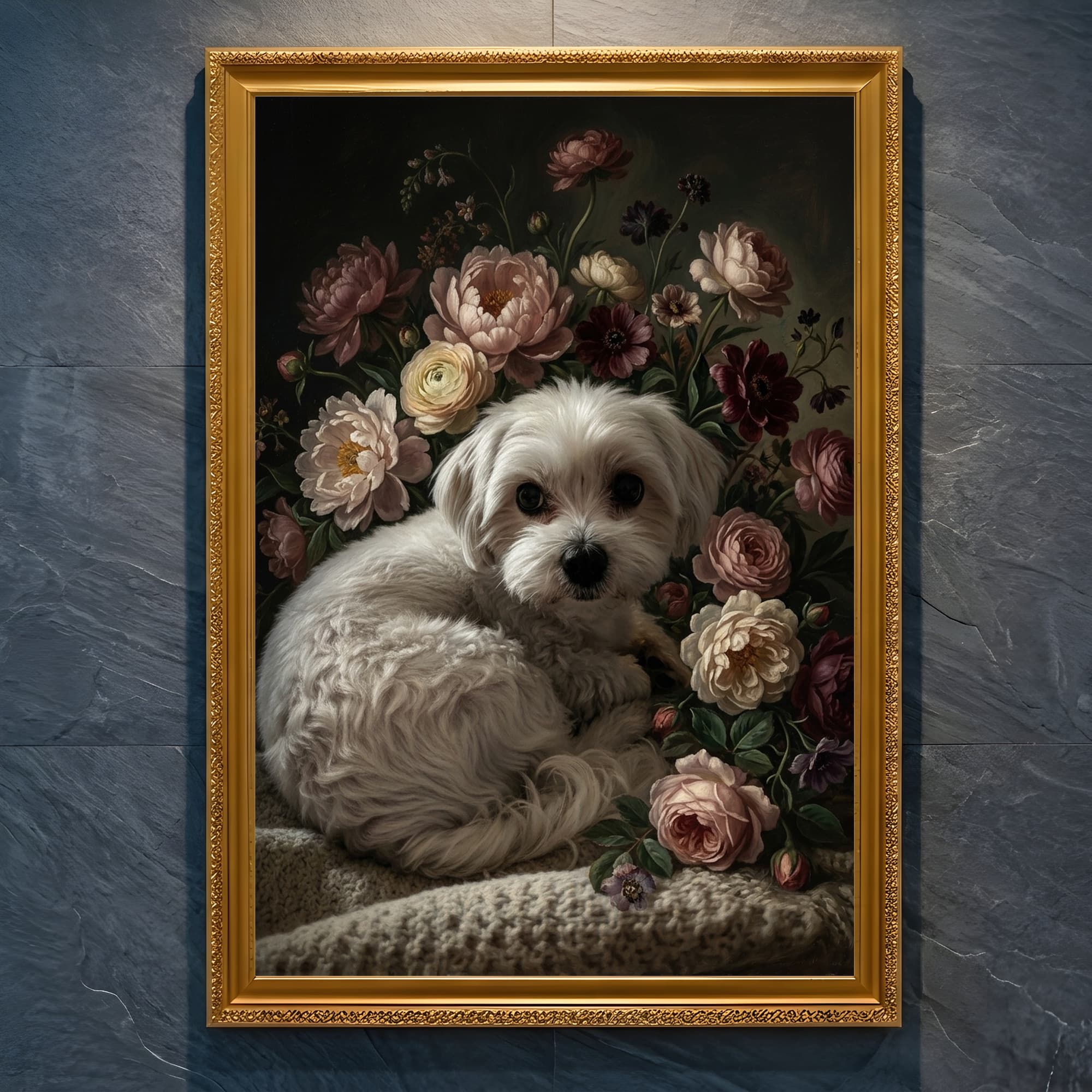 マルチーズの花の油絵風アート花柄額装プリント(A4金縁)