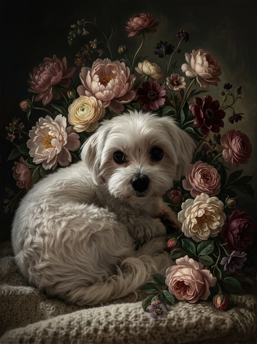 マルチーズの花の油絵風アート花柄額装プリント(A4金縁) 4