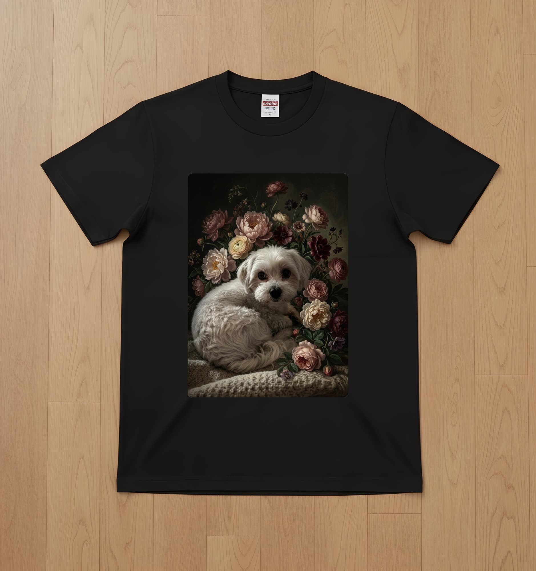 マルチーズの花の油絵風アート花柄Tシャツ(ブラック)