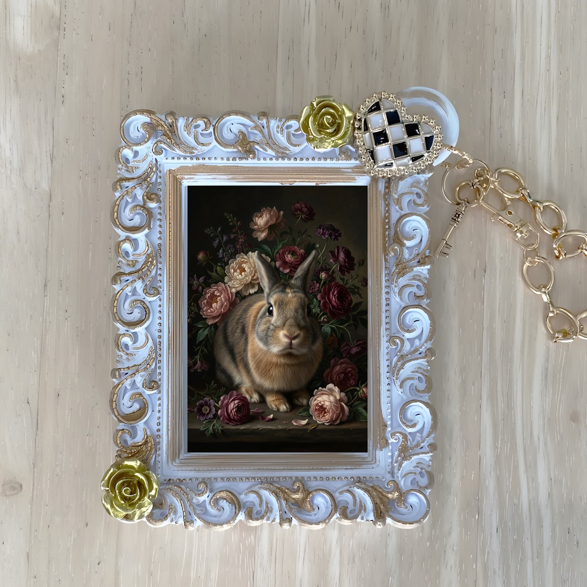 mixed breed rabbit Floral Oil-Painting Floral Bag Charm (White)