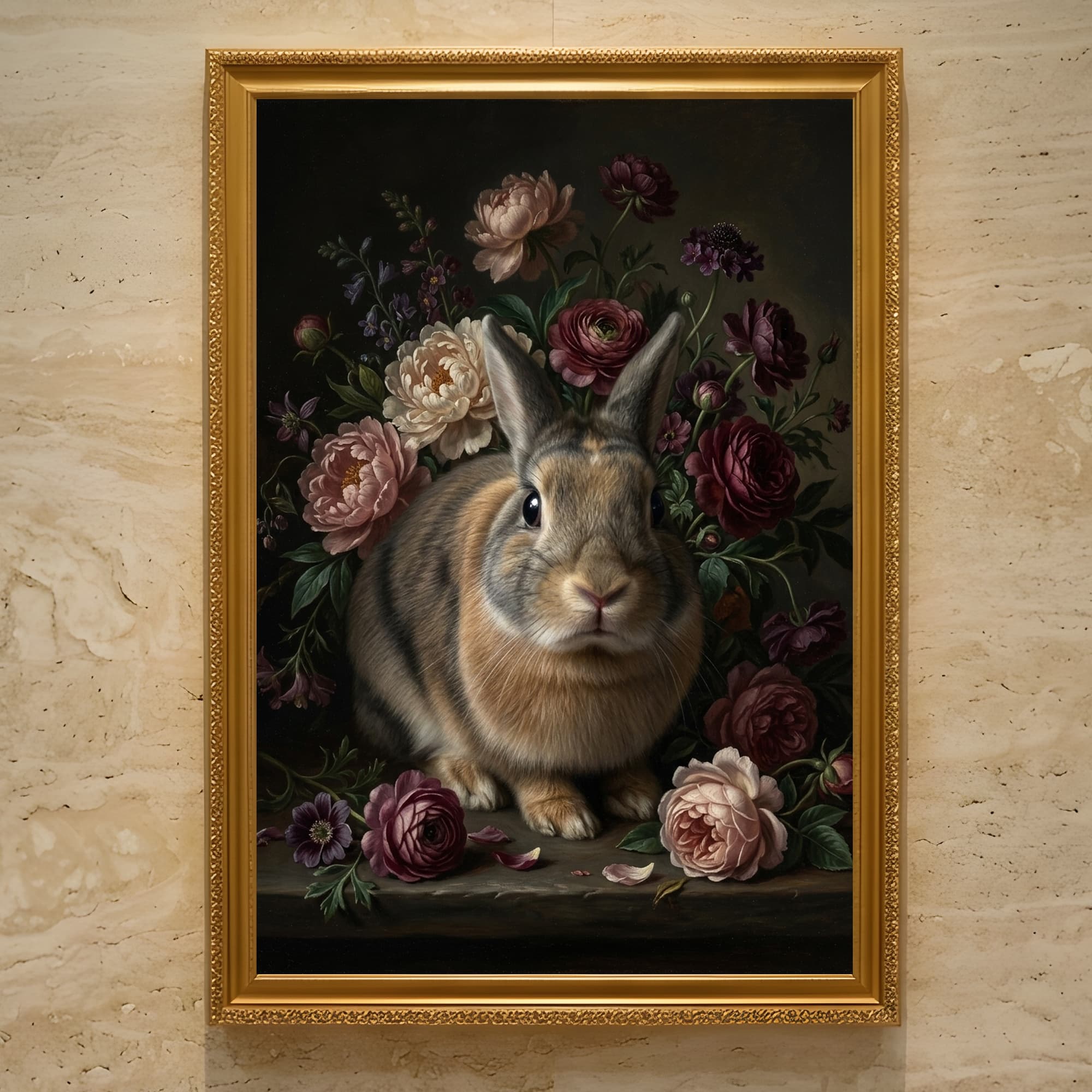 mixed breed rabbit Floral Oil-Painting Floral Framed Art Print (A3)