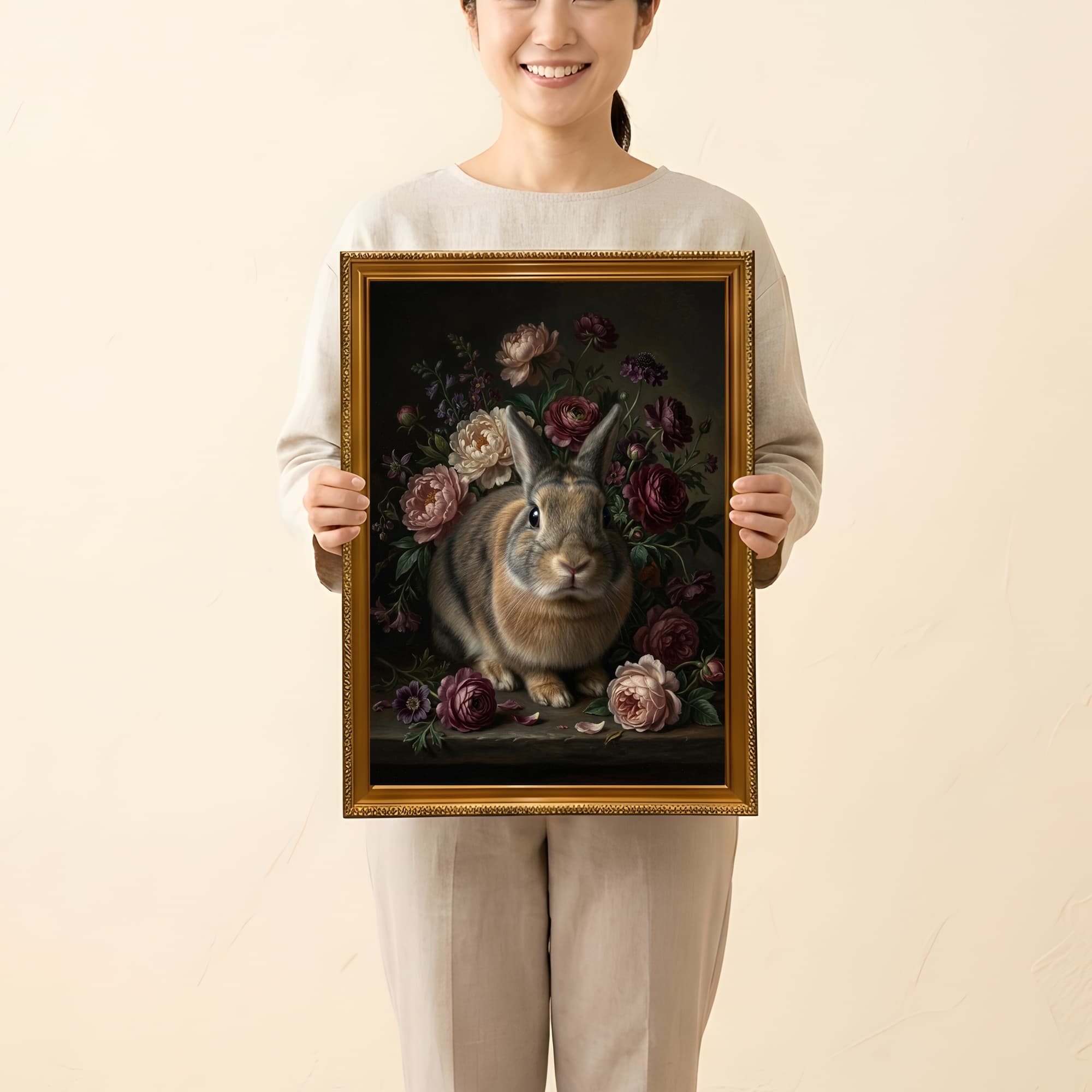 mixed breed rabbit Floral Oil-Painting Floral Framed Art Print (A3) 2