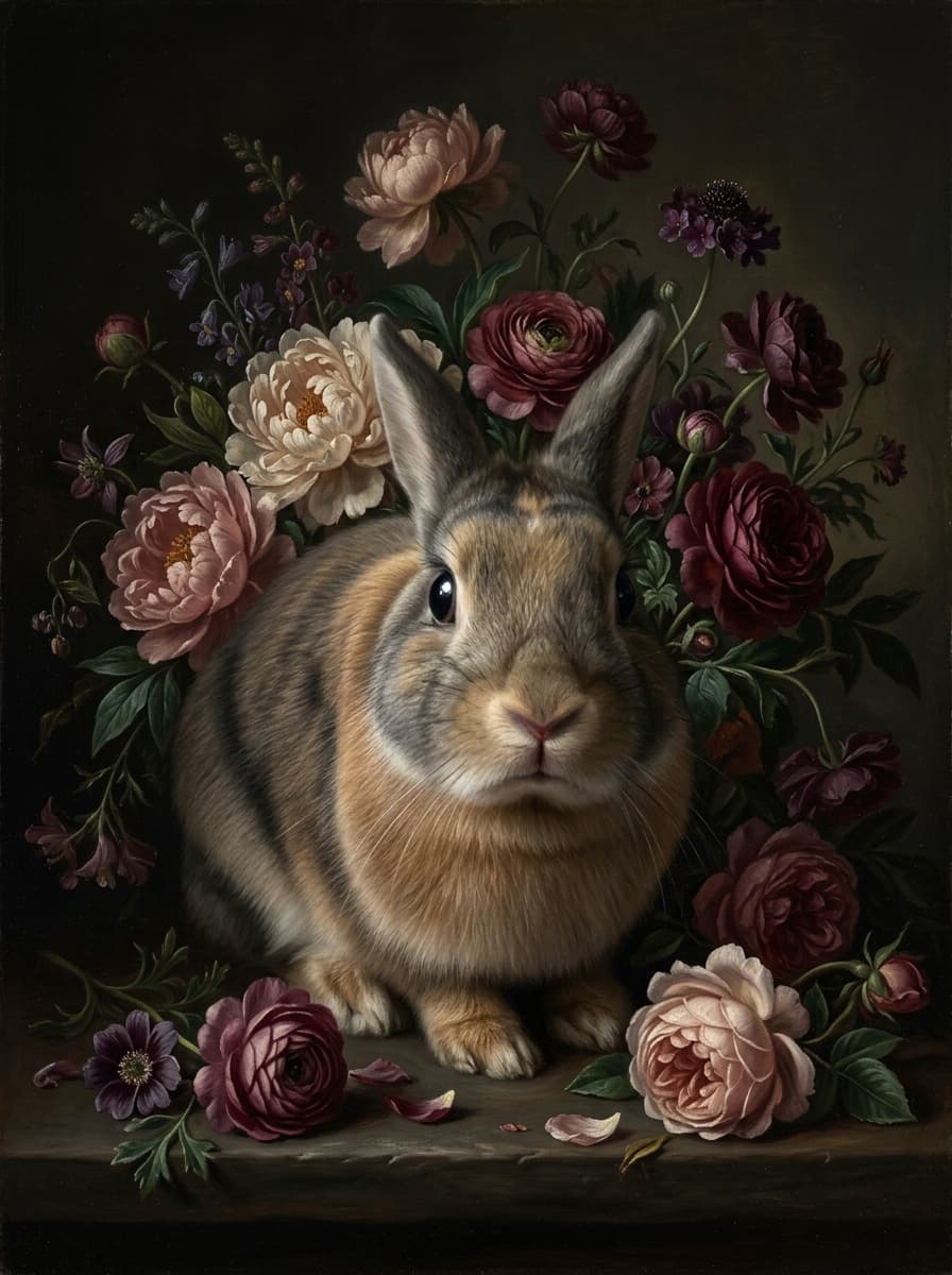 mixed breed rabbit Floral Oil-Painting Floral Framed Art Print (A3) 4