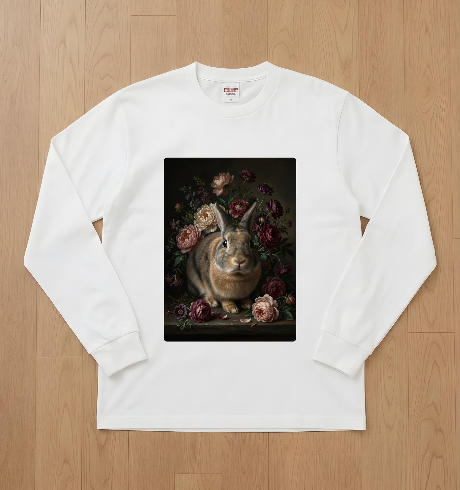 うさぎの花の油絵風アート花柄長袖Tシャツ(ホワイト)