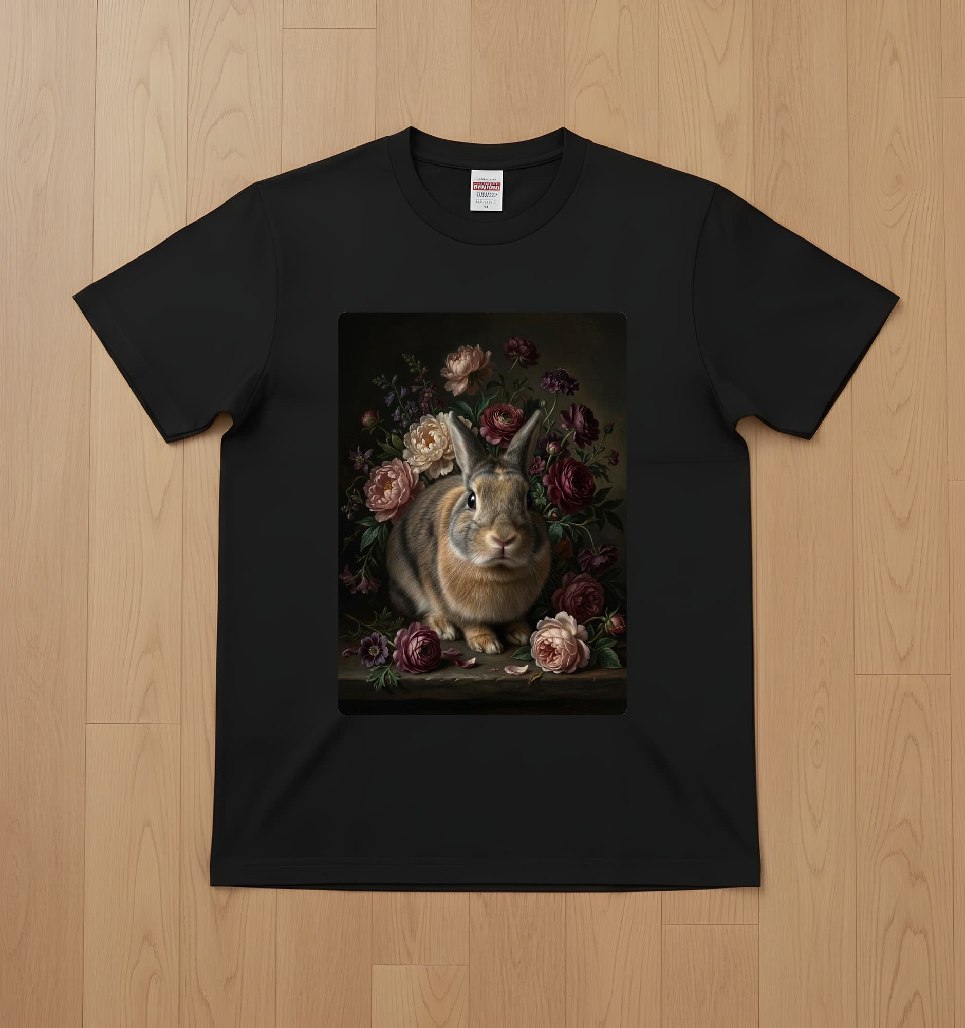 mixed breed rabbit Floral Oil-Painting Floral T-Shirt (Black)