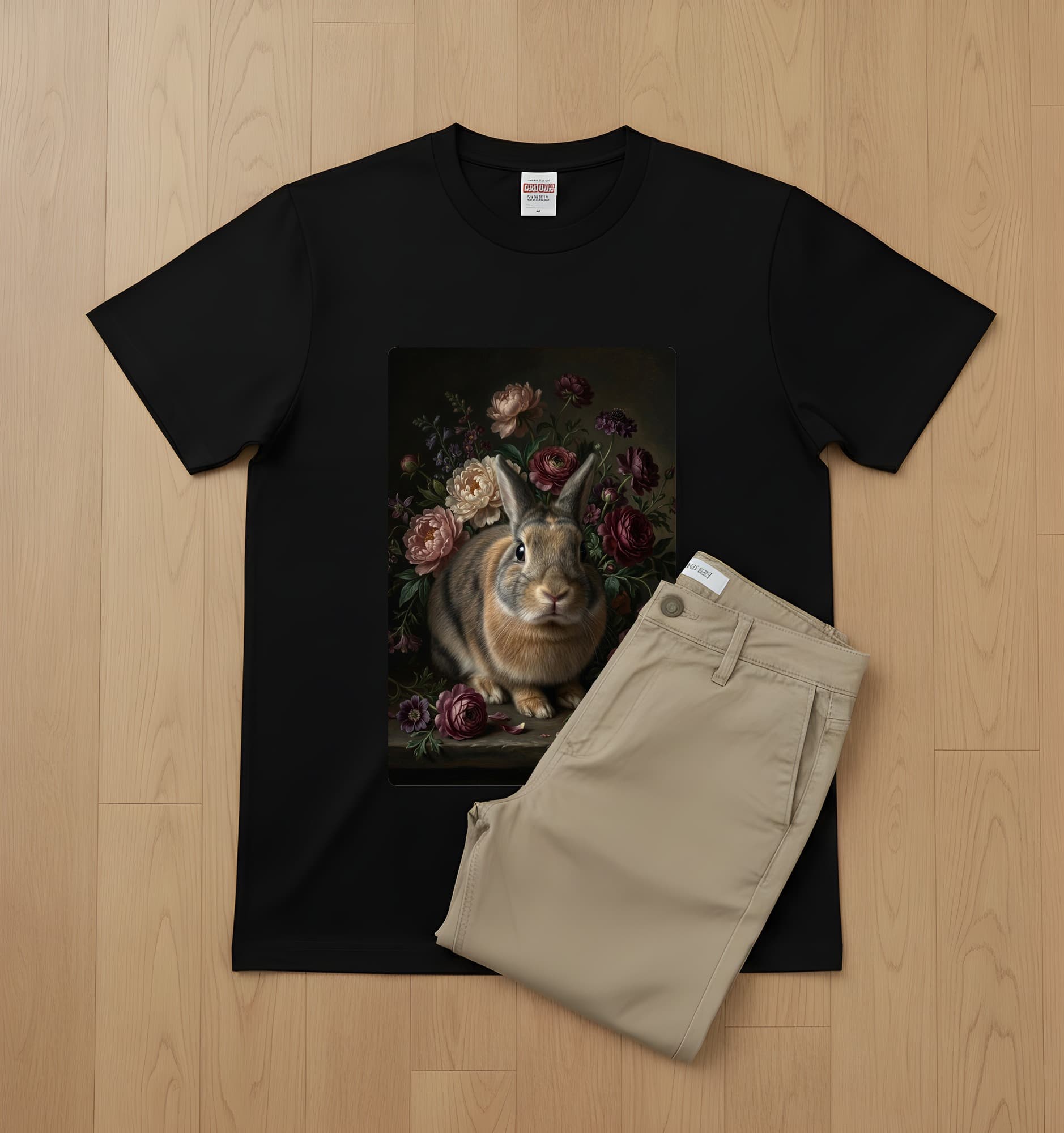うさぎの花の油絵風アート花柄Tシャツ(ブラック) 2