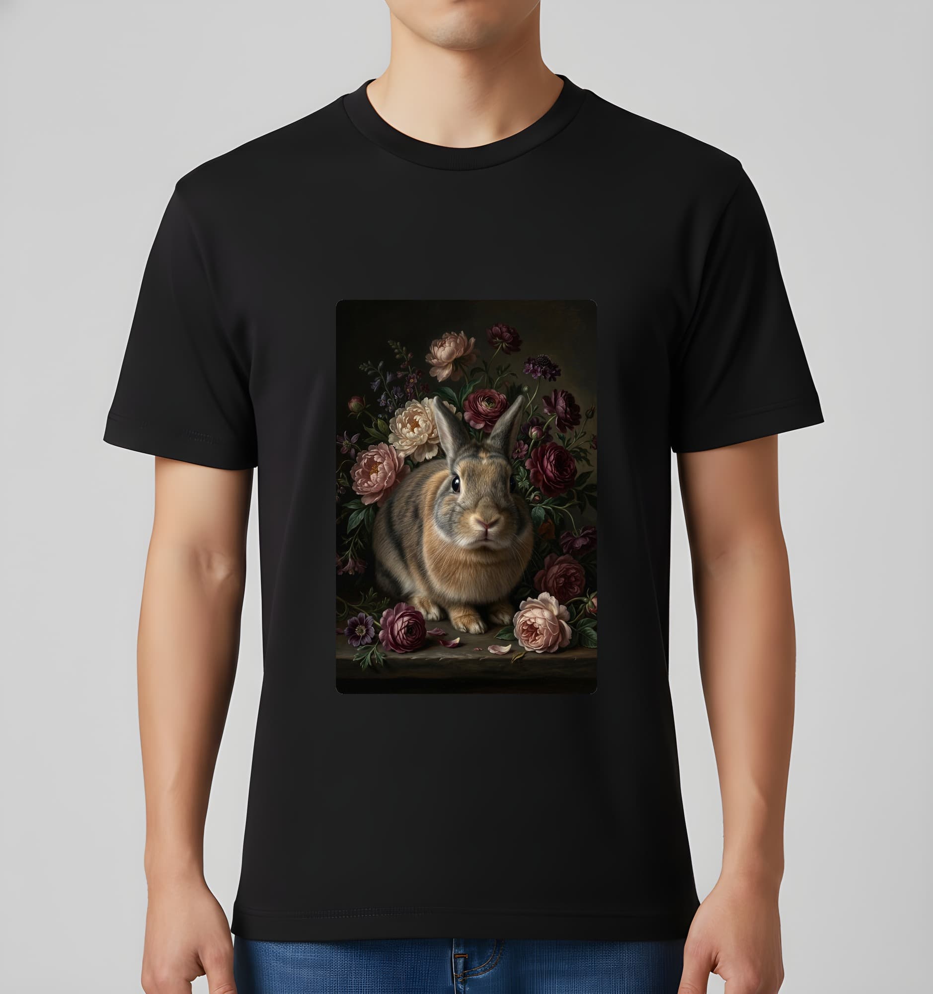 うさぎの花の油絵風アート花柄Tシャツ(ブラック) 3