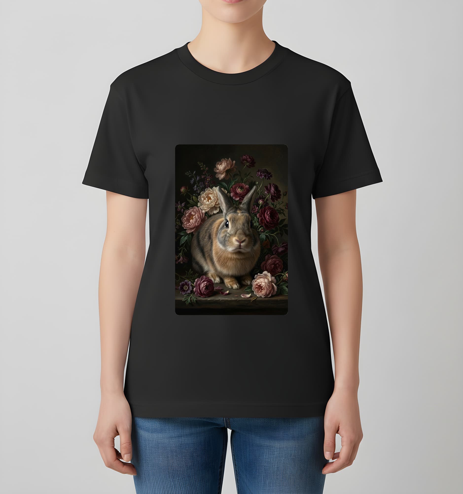 うさぎの花の油絵風アート花柄Tシャツ(ブラック) 4