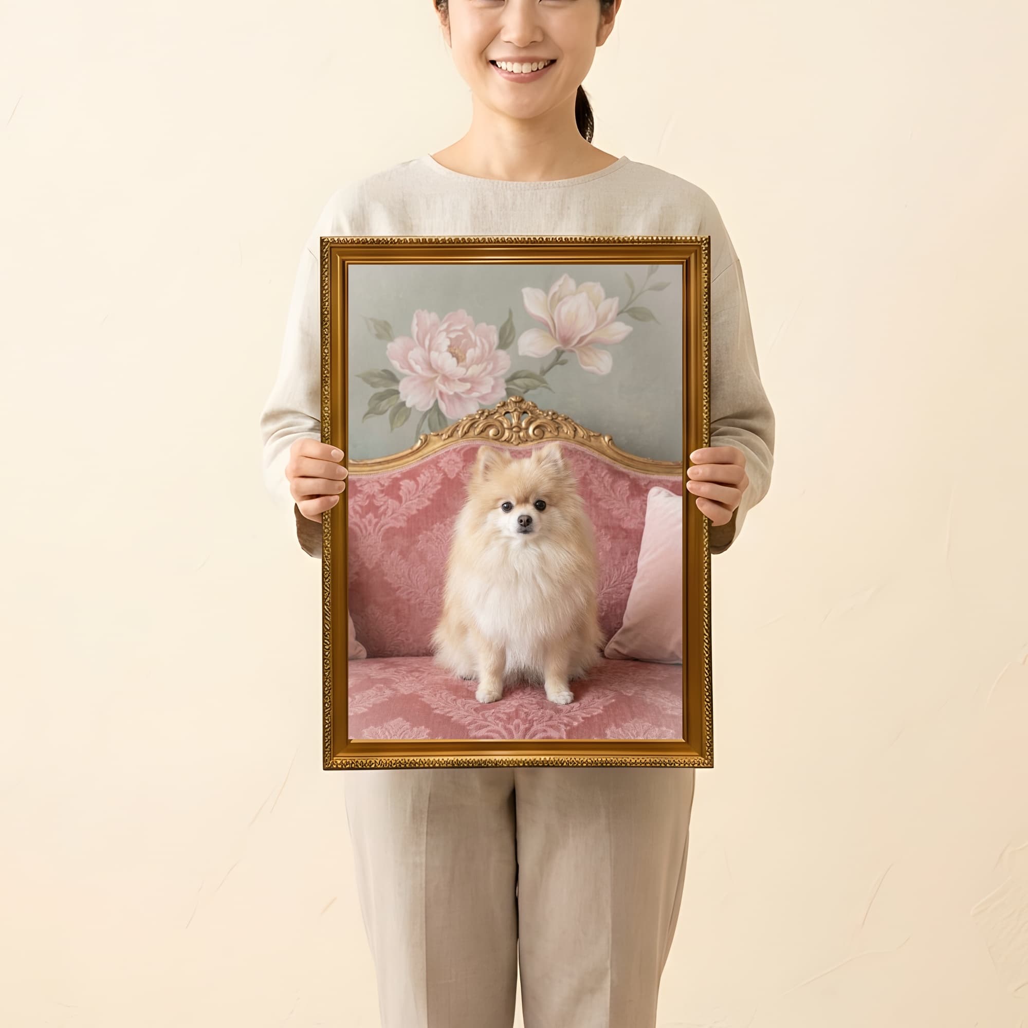 Pomeranian Shabby Pink Oil-Painting Rococo Framed Art Print (A3) 2