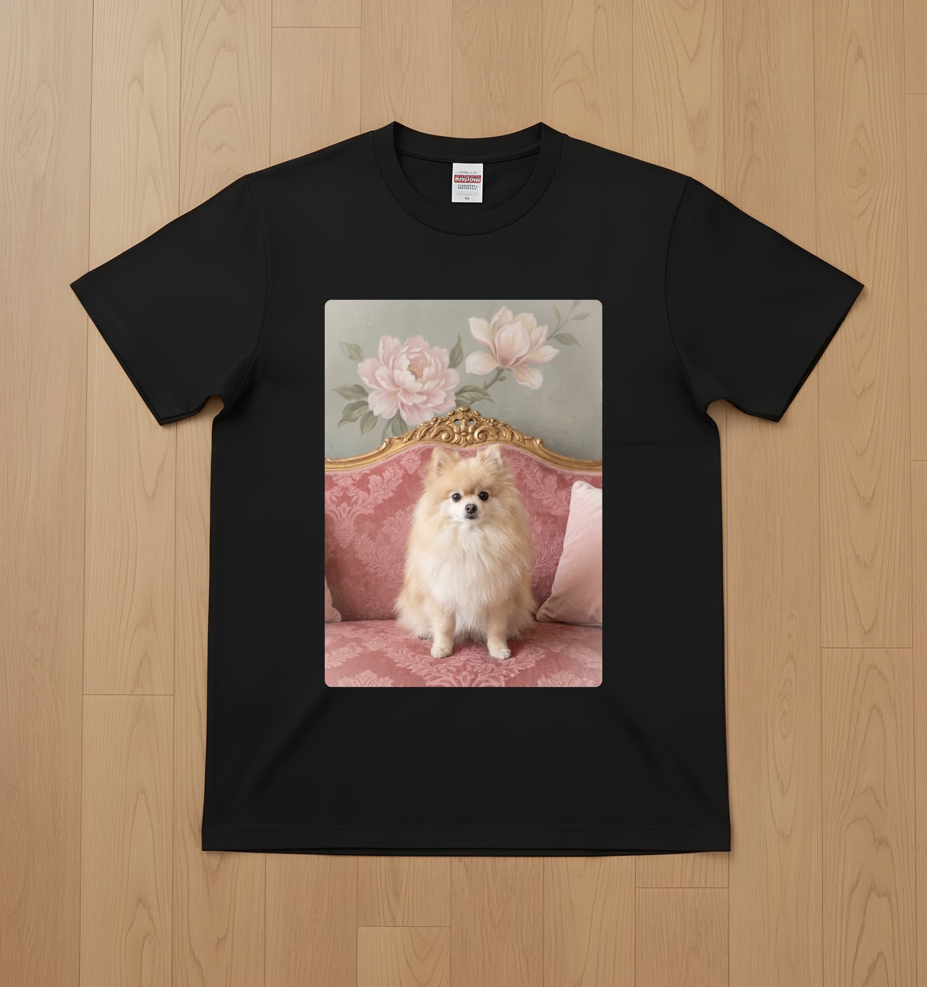 Pomeranian Shabby Pink Oil-Painting Rococo T-Shirt (Black)