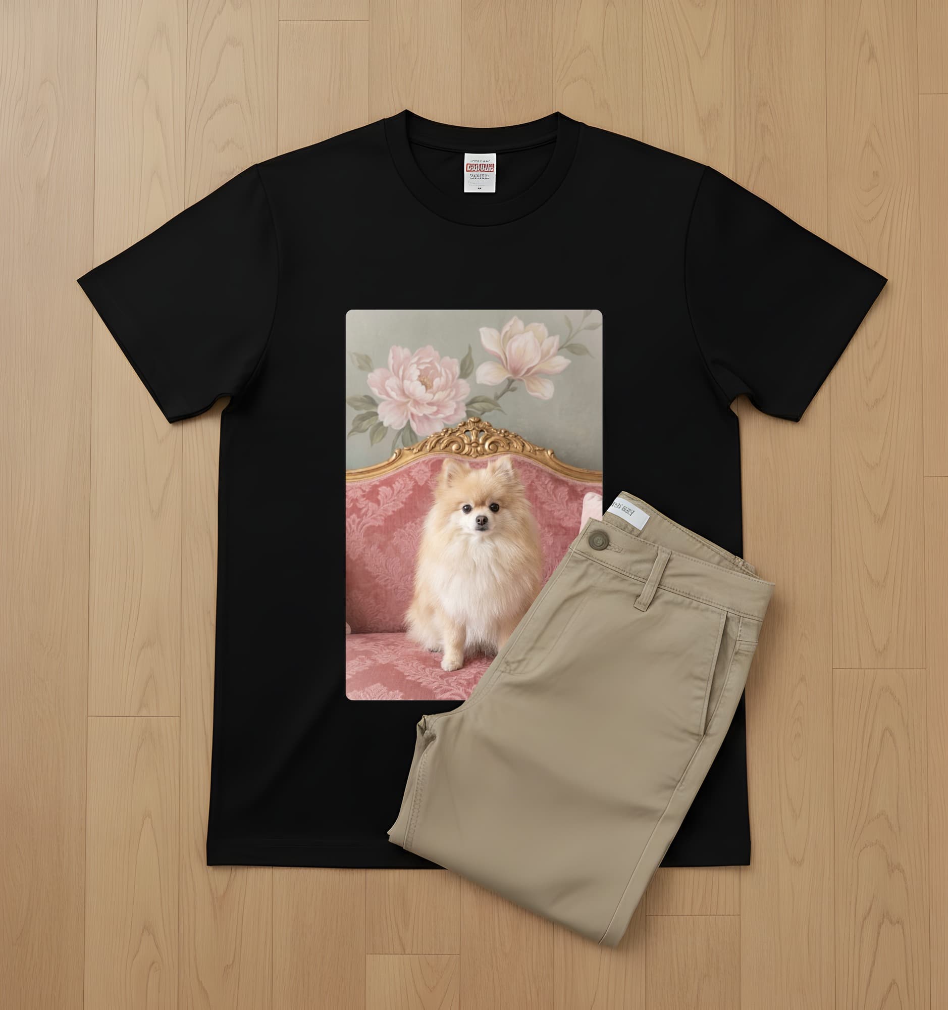 Pomeranian Shabby Pink Oil-Painting Rococo T-Shirt (Black) 2