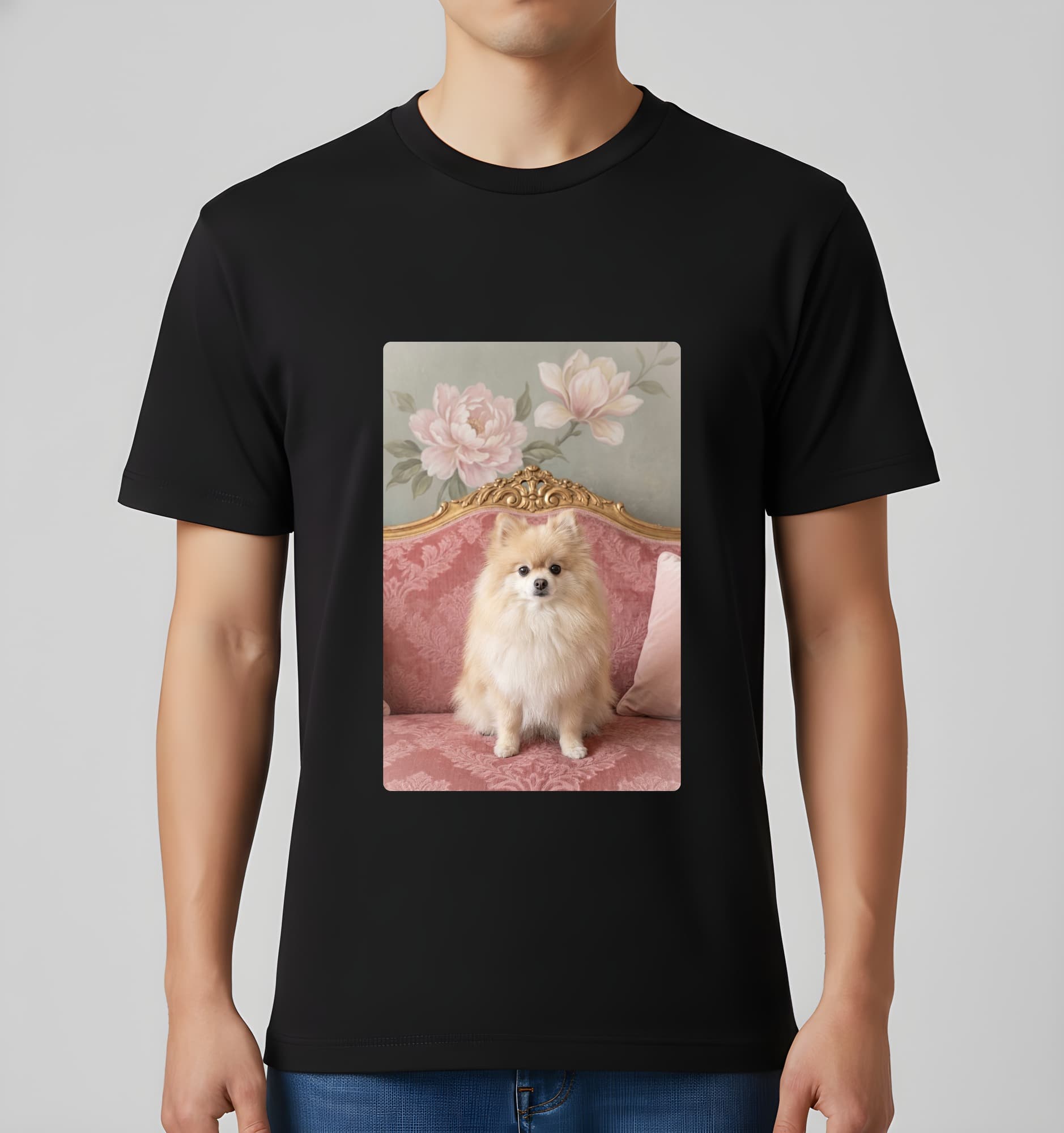 Pomeranian Shabby Pink Oil-Painting Rococo T-Shirt (Black) 3