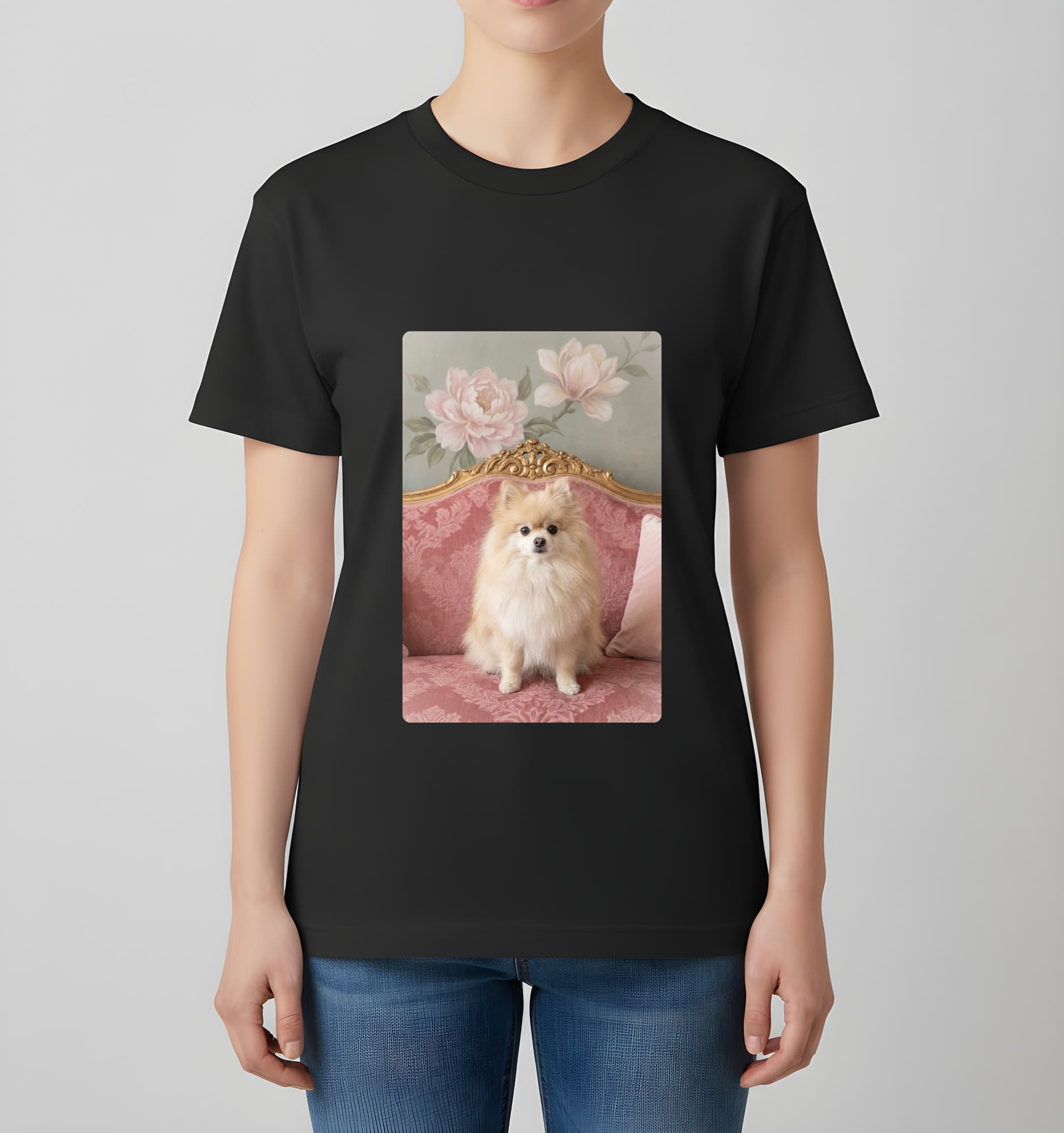 Pomeranian Shabby Pink Oil-Painting Rococo T-Shirt (Black) 4