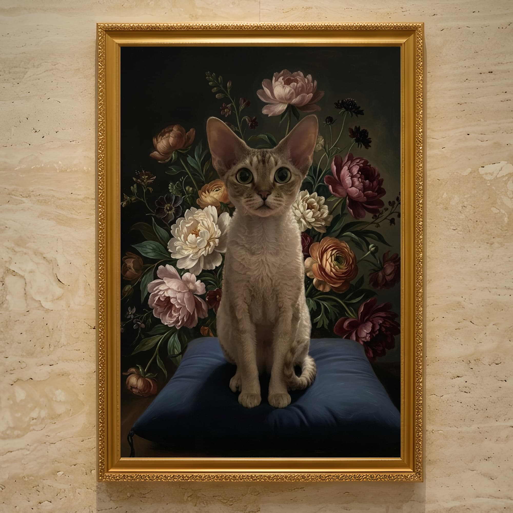 デボンレックスの花の油絵風アート花柄額装プリント(A3サイズ)