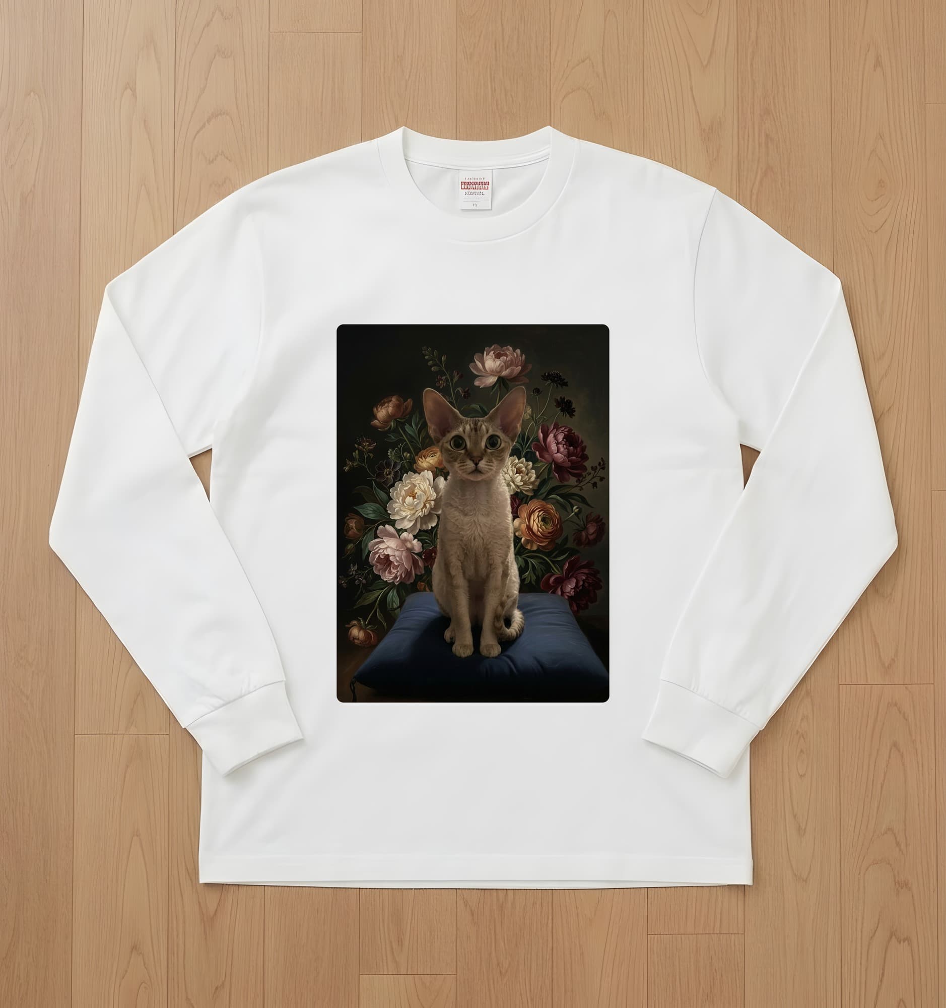 デボンレックスの花の油絵風アート花柄長袖Tシャツ(ホワイト)
