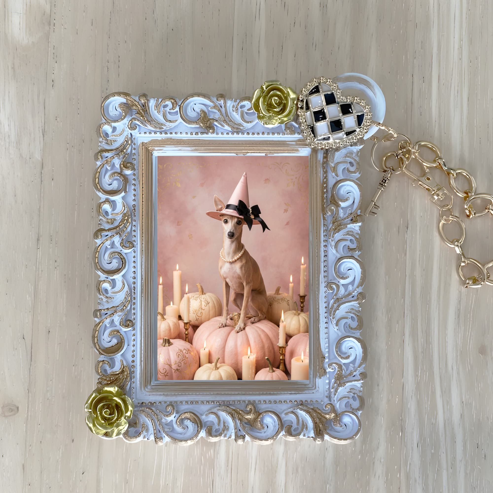Italian greyhound Pumpkin & Candlelight Oil-Painting Halloween Bag Charm (White)