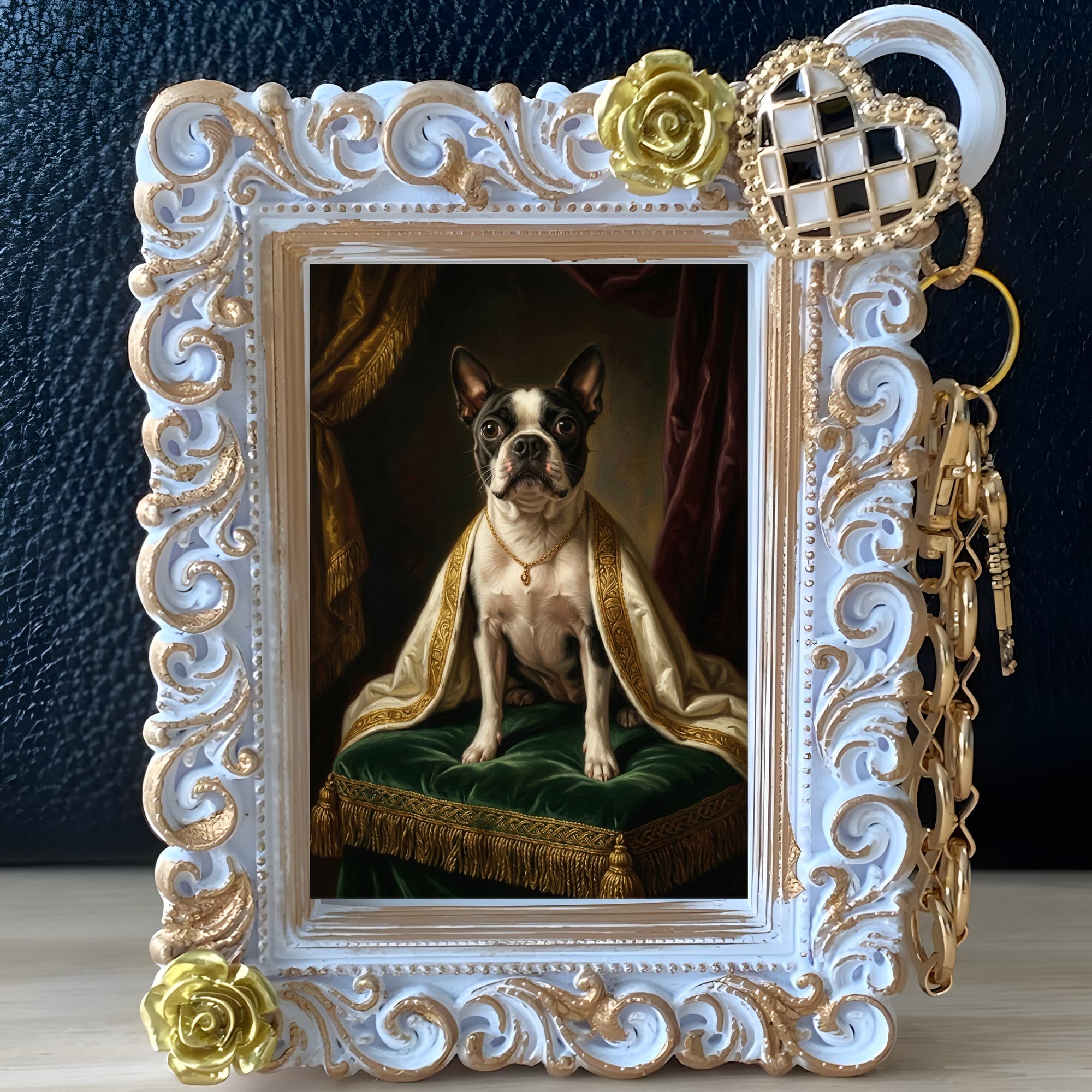 Boston terrier Renaissance Portrait Bag Charm (White) 2