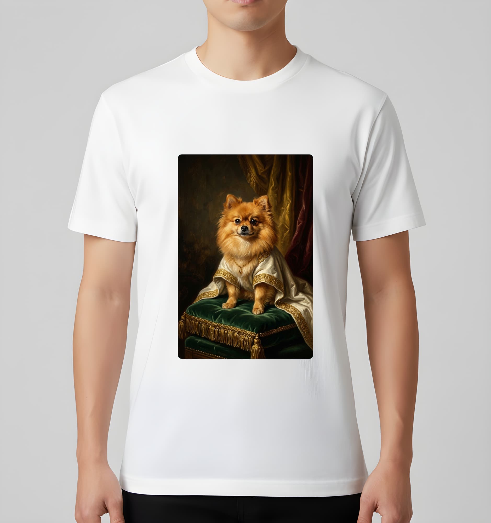 ポメラニアンのルネサンス肖像画Tシャツ(ホワイト・カラープリント・額縁なし) 3