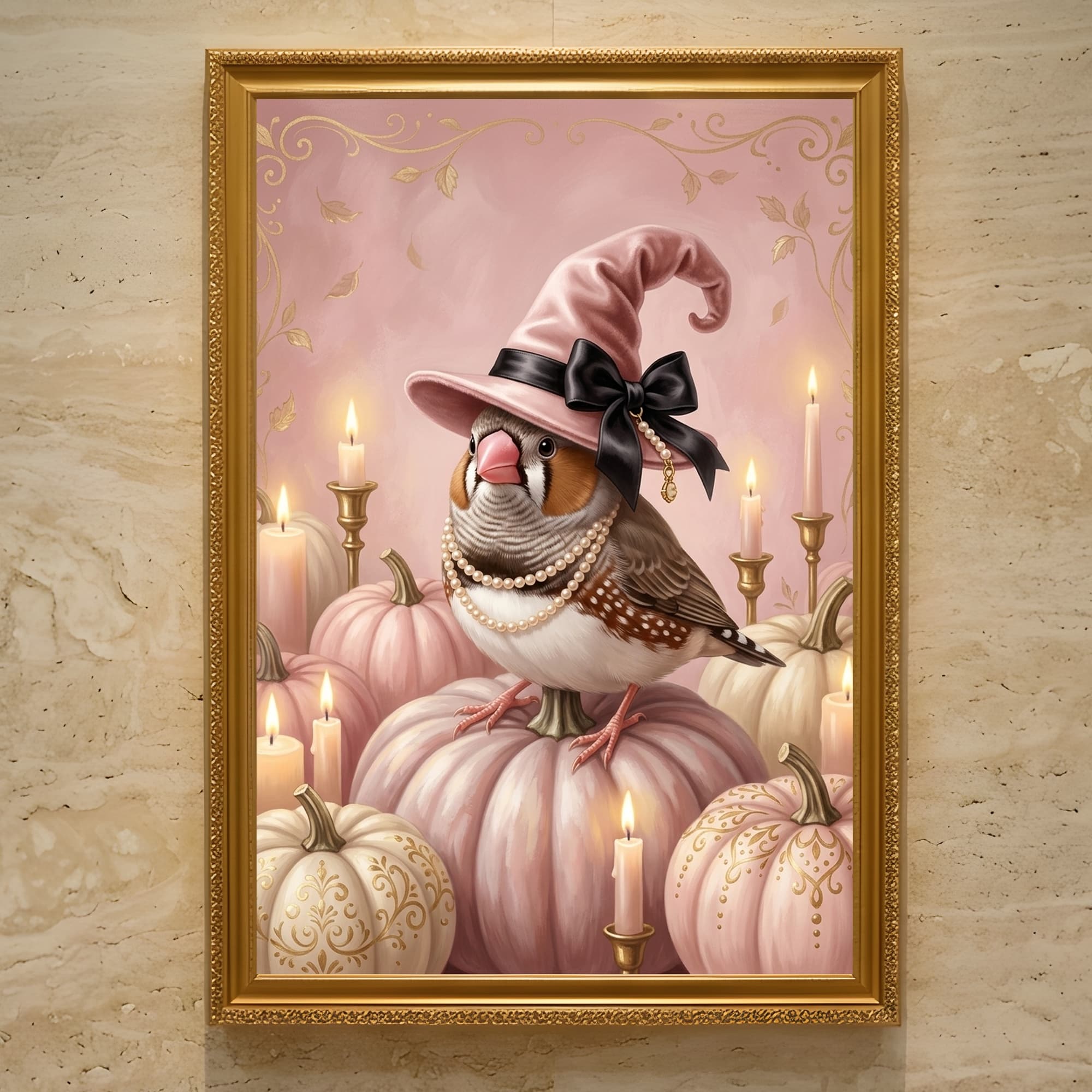 Bengalese finch Pumpkin & Candlelight Oil-Painting Halloween Framed Art Print (A3)