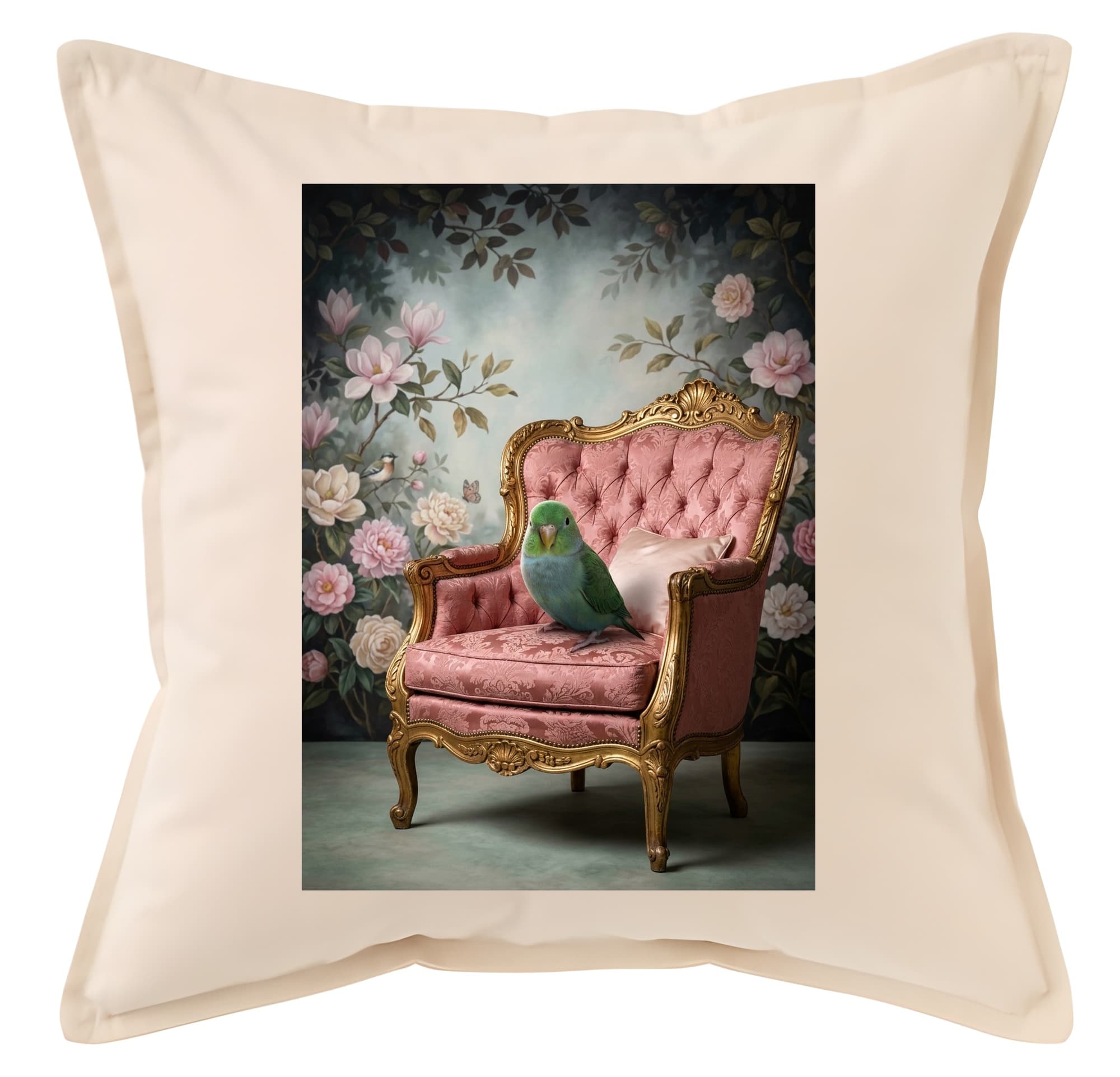 Lineolated Parakeet Shabby Pink Oil-Painting Rococo Cushion