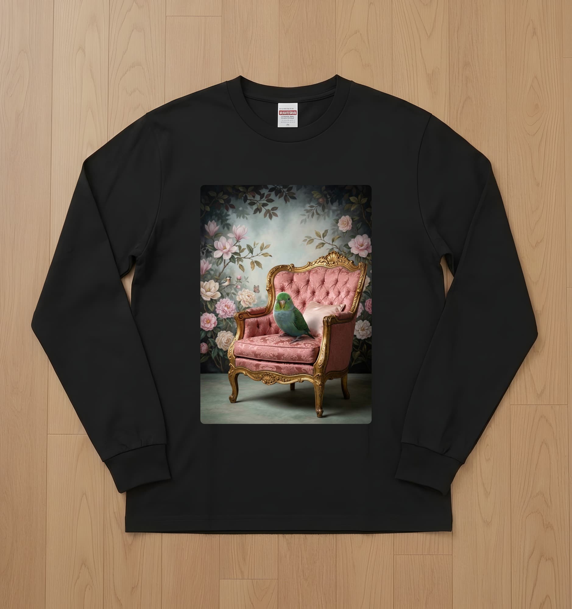 サザナミインコのシャビーピンクの油絵風アートロココ調長袖Tシャツ(ブラック)