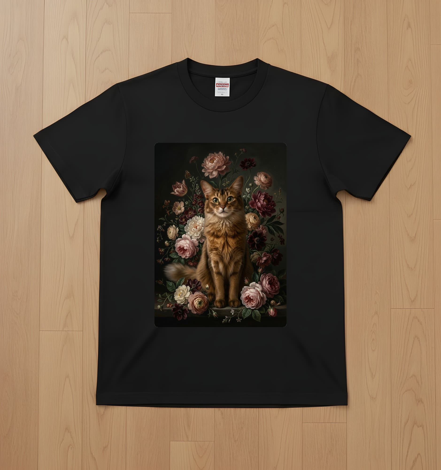 ソマリの花の油絵風アート花柄Tシャツ(ブラック)